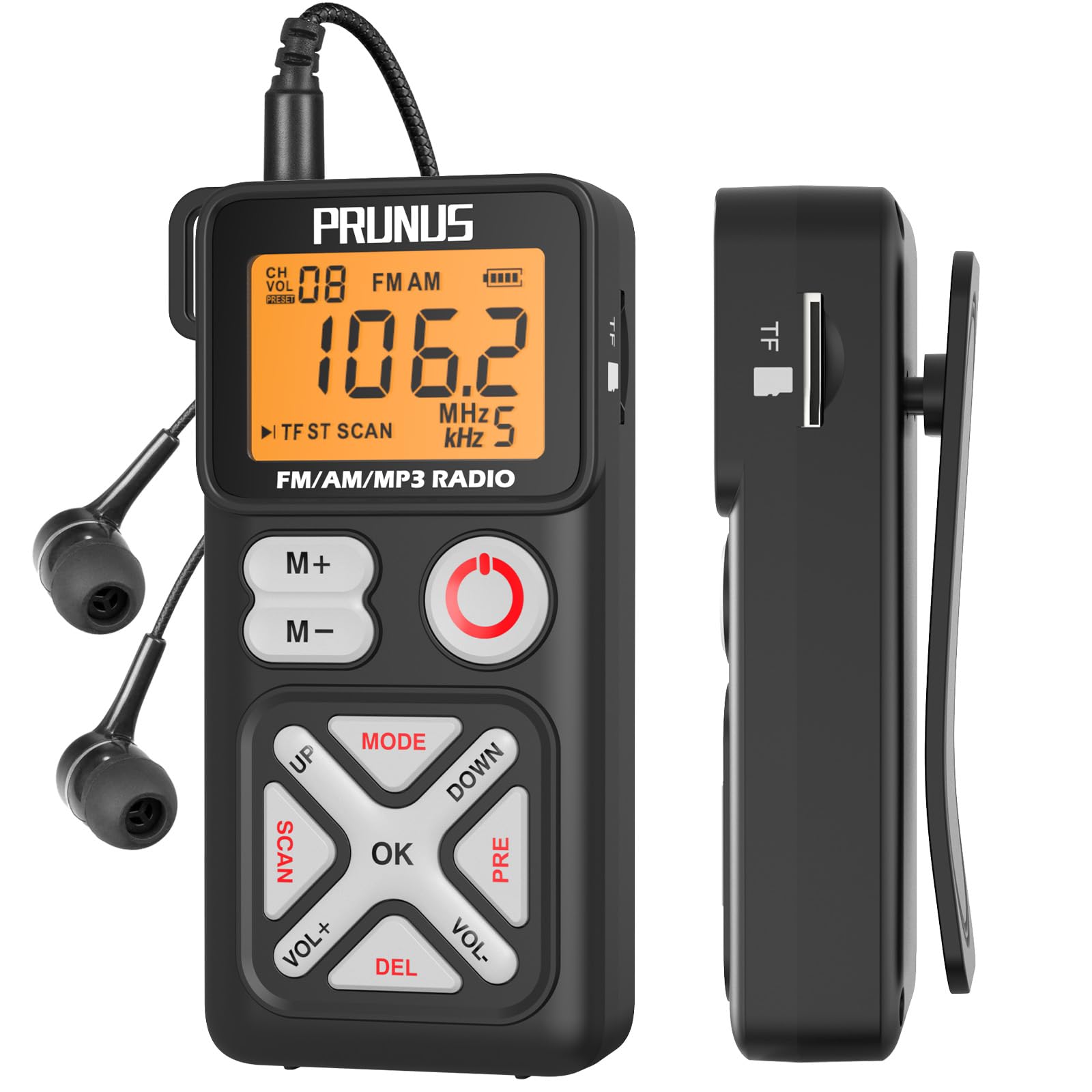 PRUNUS J-988 FM/Am Radio Digital con Preajuste Manual, Radio Portatil Pequeña con Auriculares/Ranura para Tarjeta TF, Carga USB-C, Radios de Bolsillo con Clip Trasero para Caminar, Viajar.