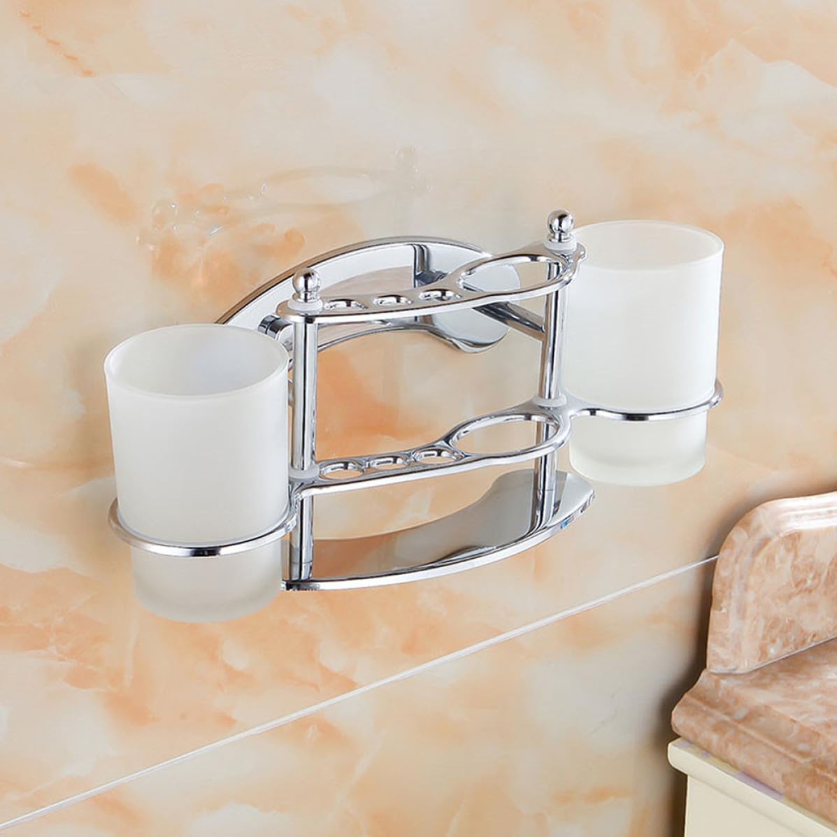 Portacepillos de Acero Inoxidable y Vidrio para Baño de Dientes Soporte Doble Montado en Pared Vaso para Organizar Cepillos y Pasta