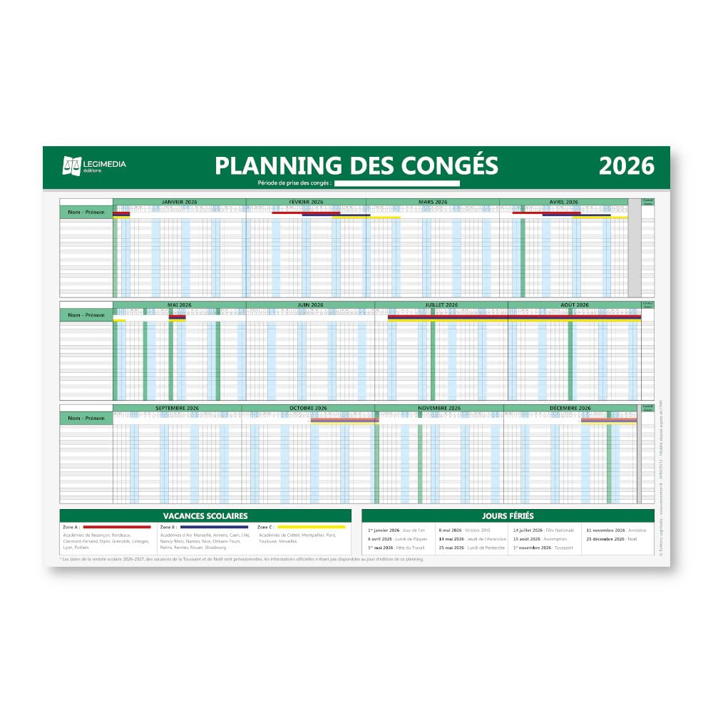 Ordre des départs en congés – Panneau d'affichage obligatoire - Plastifié et effaçable - Janvier à décembre 2026 - Kit de fixation inclus (pastilles adhésives) - Fabriqué en France