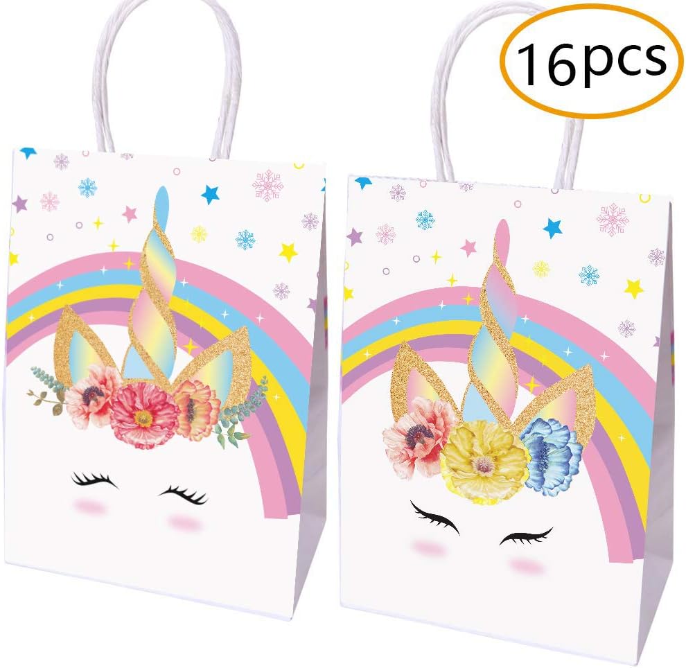 yizeda Unicorn Party Favor Bags – Set of 16 Decorated Paper Bags for Treats and Goodies(2 designs)