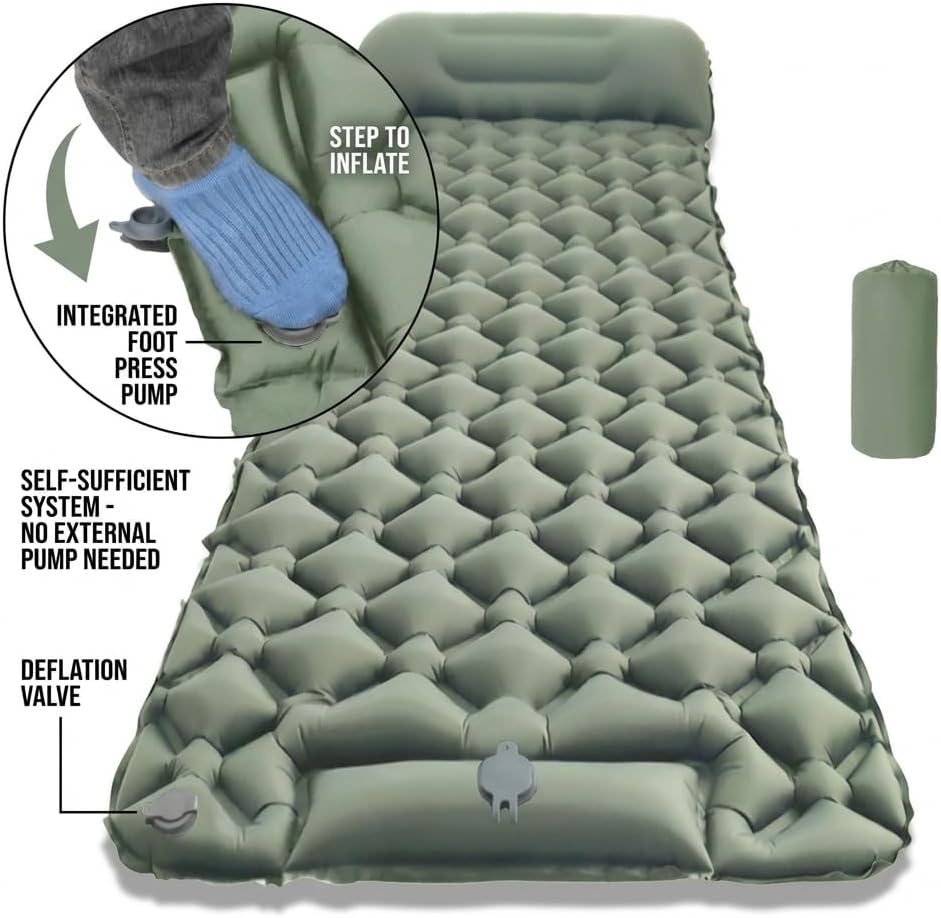 Lounge Mat - Your Portable Chill Zone, Foldable Inflatable Sleeping Pad Built-in Foot Press Pump No Extra Gear, Ultralight TPU Nylon Air Mattress with 17cm Integrated Pillow for Tent (Green, Single)