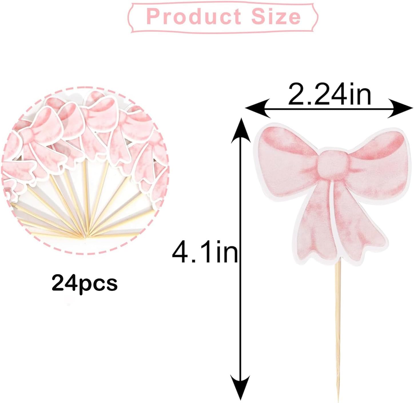 24 Pcs Pink Bow Cupcake Toppers, Girls Birthday Party Decorations Pink Bowknot Cupcake Picks for Bachelorette Bridal Engagement Wedding Girls Baby Shower Bow Theme Party Decor