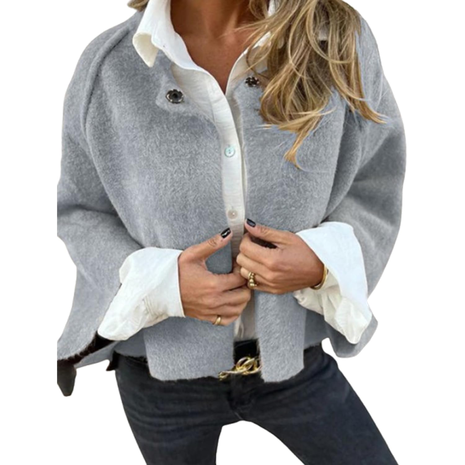 PNZLZIA Women's Round Neck Woolen Long Sleeve Coat, Soft Warm Cashmere Cardigan Jacket, Women Cropped Wool Blend Coat (XX-Large,Light Gray)
