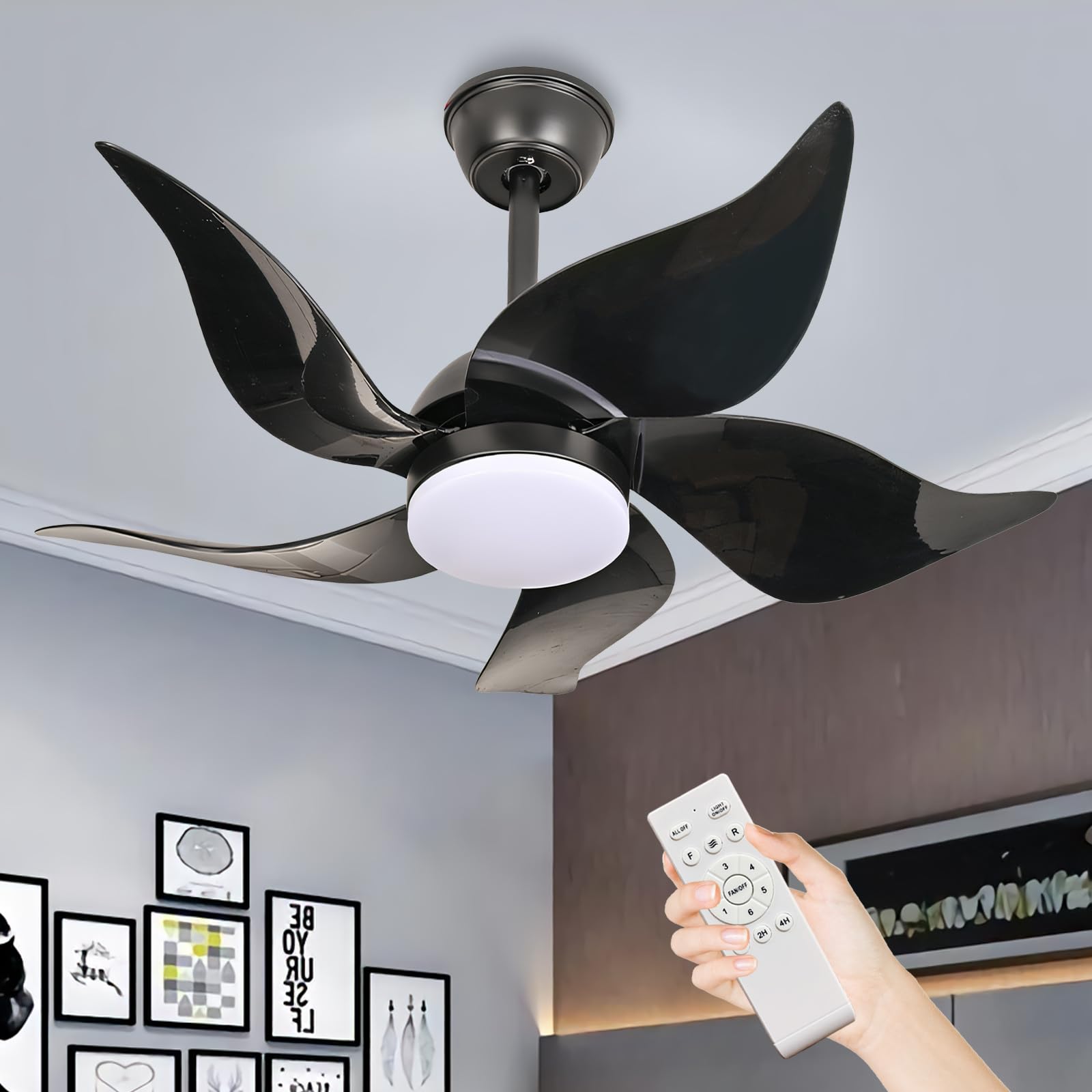HXYSXHJUO 6-Speed Reversible Ceiling Fan with Remote Control & LED Lights Modern Black Lamp for Bedroom Living Room 3 Color M 5 B Timer Funct Quiet
