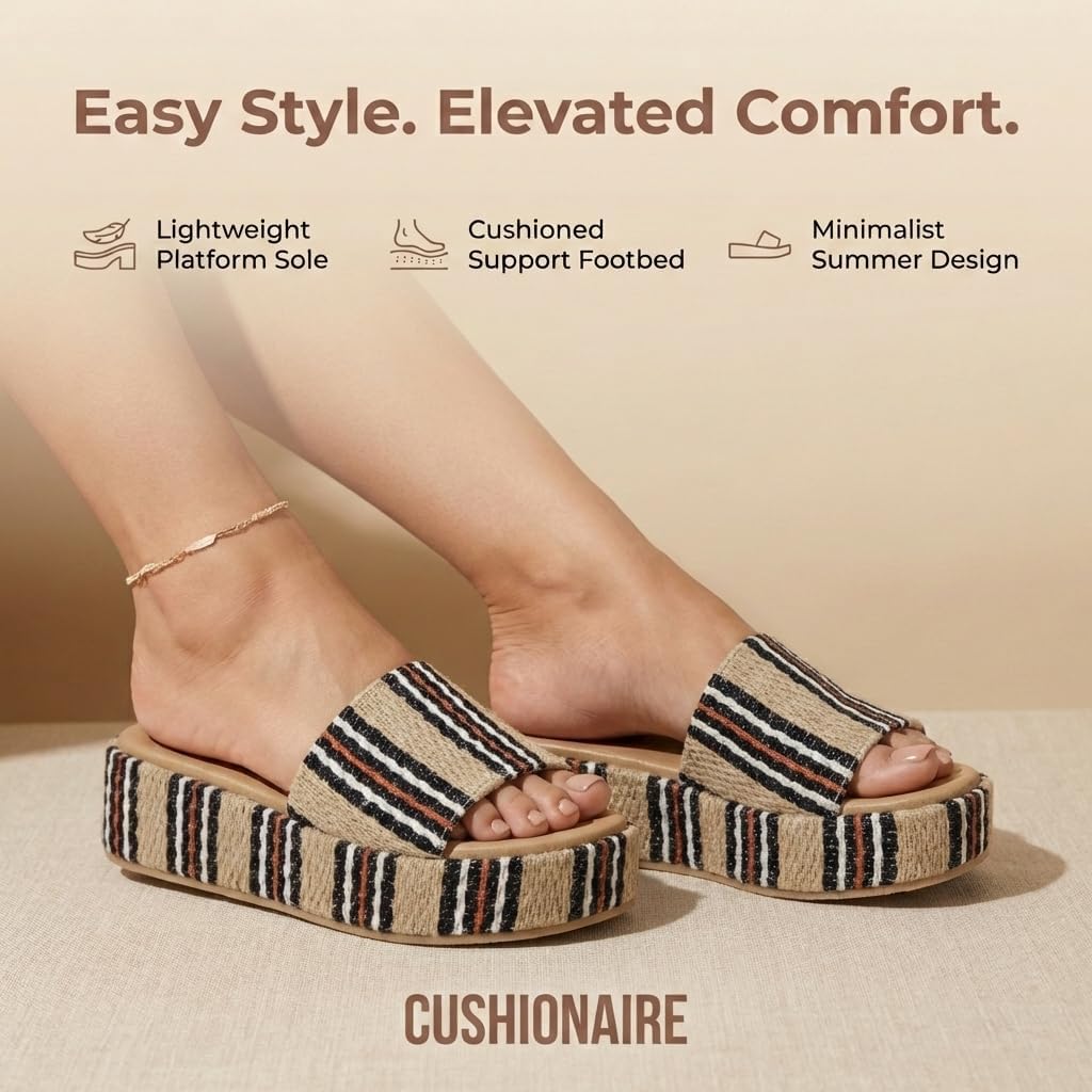 CUSHIONAIRE Kudos Platform Womens Sandals – Comfortable Open Toe Slip On Flat Slides, Casual Summer Sandals for Women 2025, NATURAL/BLACK 6.5