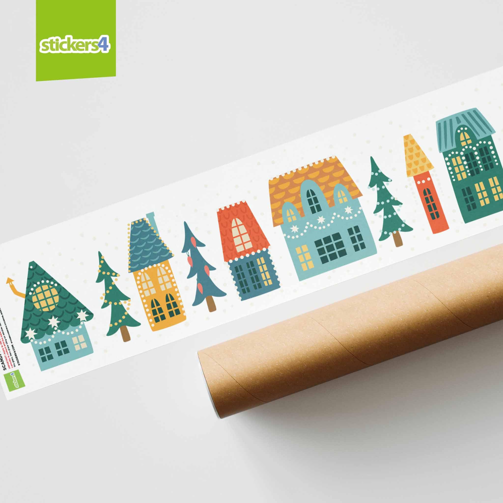 Grands autocollants de Noël réutilisables – Maisons de village scandinave Scène de rue de Noël – Décorations de Noël double face