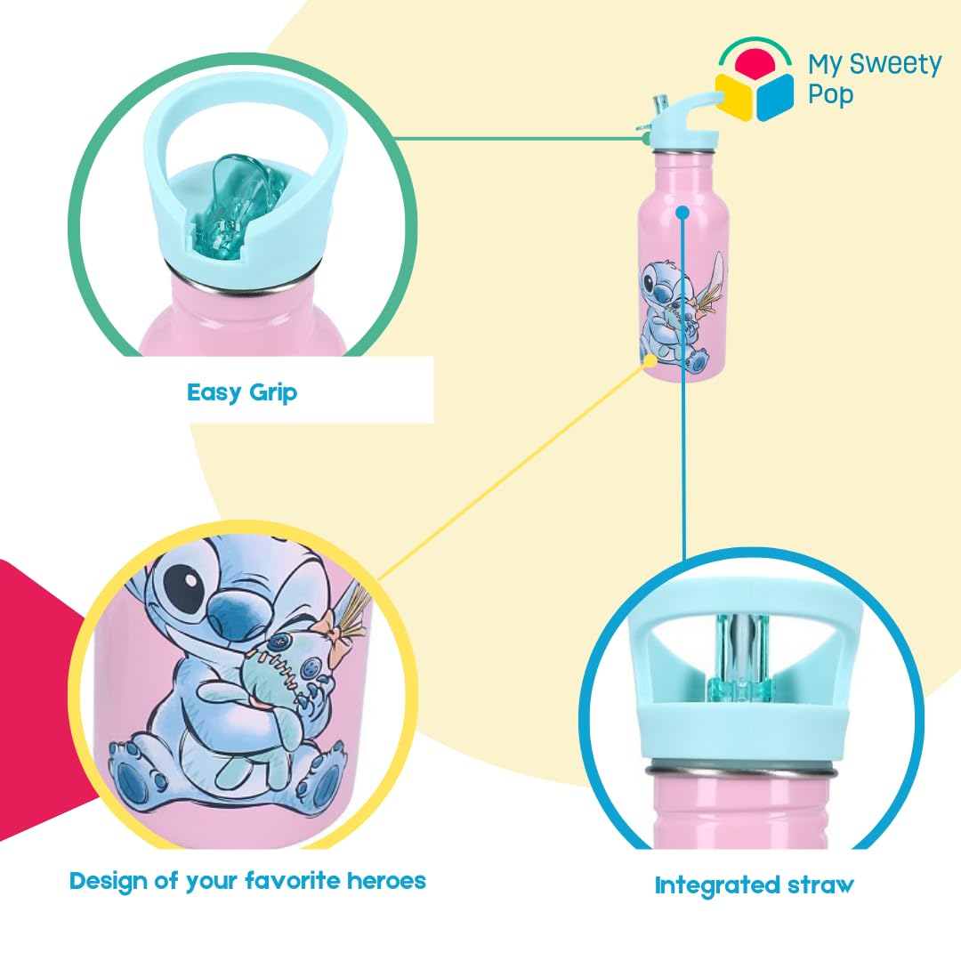 My sweety pop, Stitch Pink Kids Water Bottle, Stainless Steel, Nursery, Preschool, School, Holiday, Meal, 22cm, 500ml - Image 3