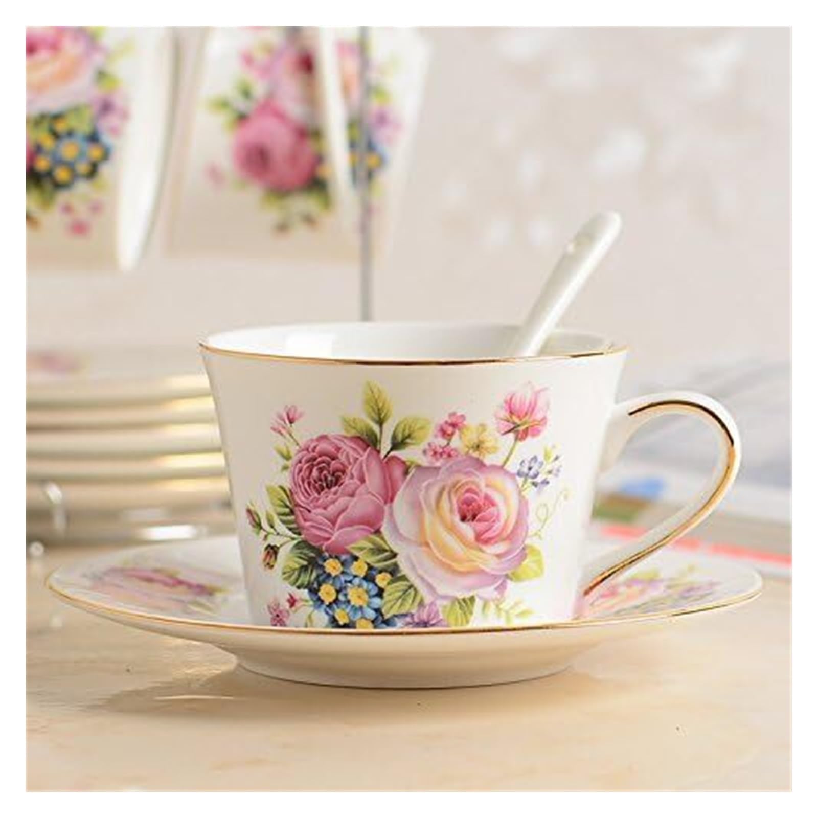 Zestaw filiżanek i spodków, 200 ml porcelanowy zestaw kubków do kawy ceramiczny kubek do kawy spodek kubek z porcelany kostnej ze spodkiem i łyżeczką 551