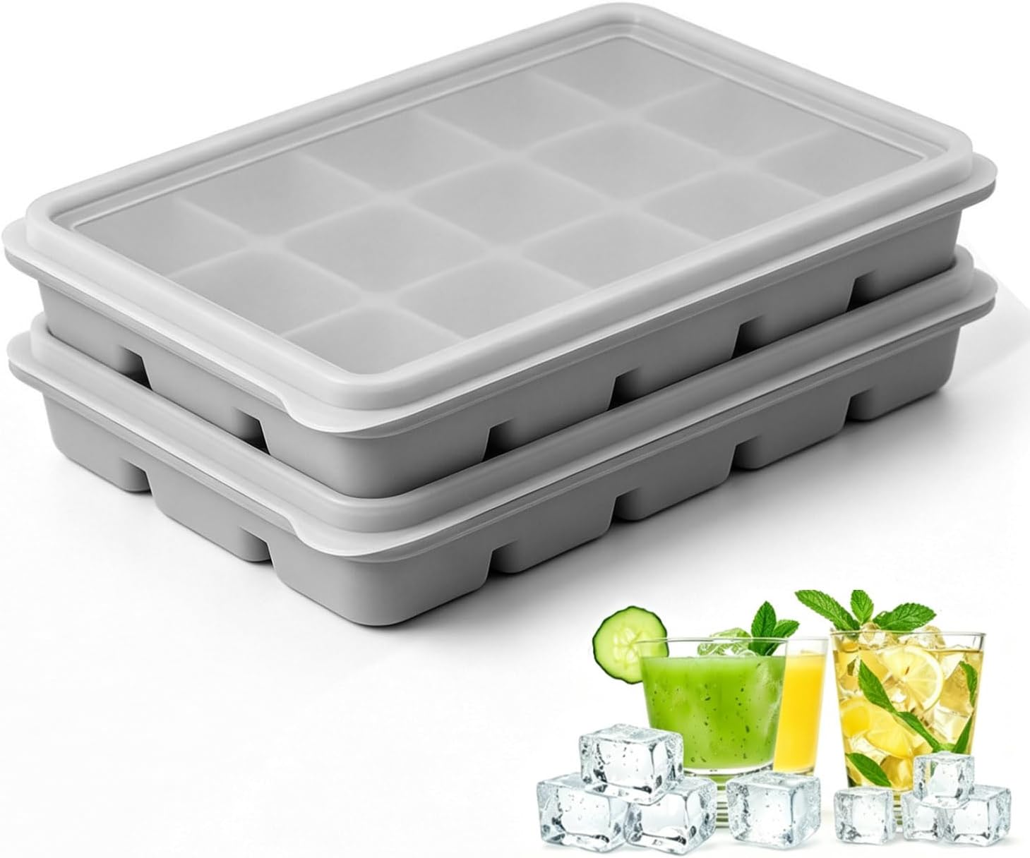 Ice Cube Trays with Lid, 2 Packs 30 Cubes Durable Stackable Flexible Silicone Ice Cube Trays for Freezer with Removable Silicone Lids for Baby Food, Whiskey, Cocktail, Coffee, BPA Free