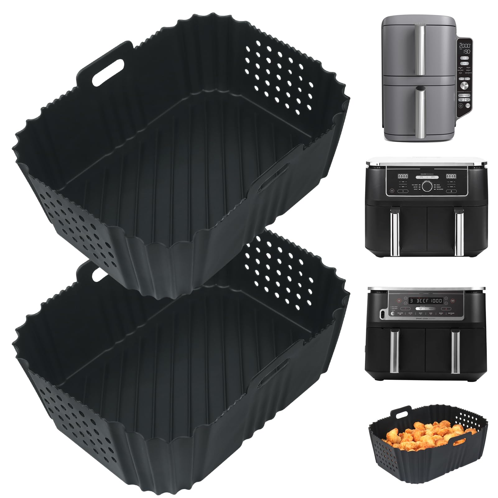 YQL 2PCS Perforated Silicone Air Fryer Liners - Specially Designed for Ninja Double Stack XL 9.5L Airfryer SL400UK/ SL400UKCP, Reusable Air Fryer Accessories Rectangle Trays for Dual Drawer 9.5L&Oven