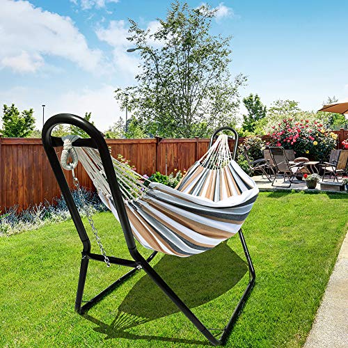 Zupapa Hammock with Stand 2 Person, Upgraded Steel Hammock Frame and Polycotton Hammock, 550LBS Capacity for Indoor Outdoor Use