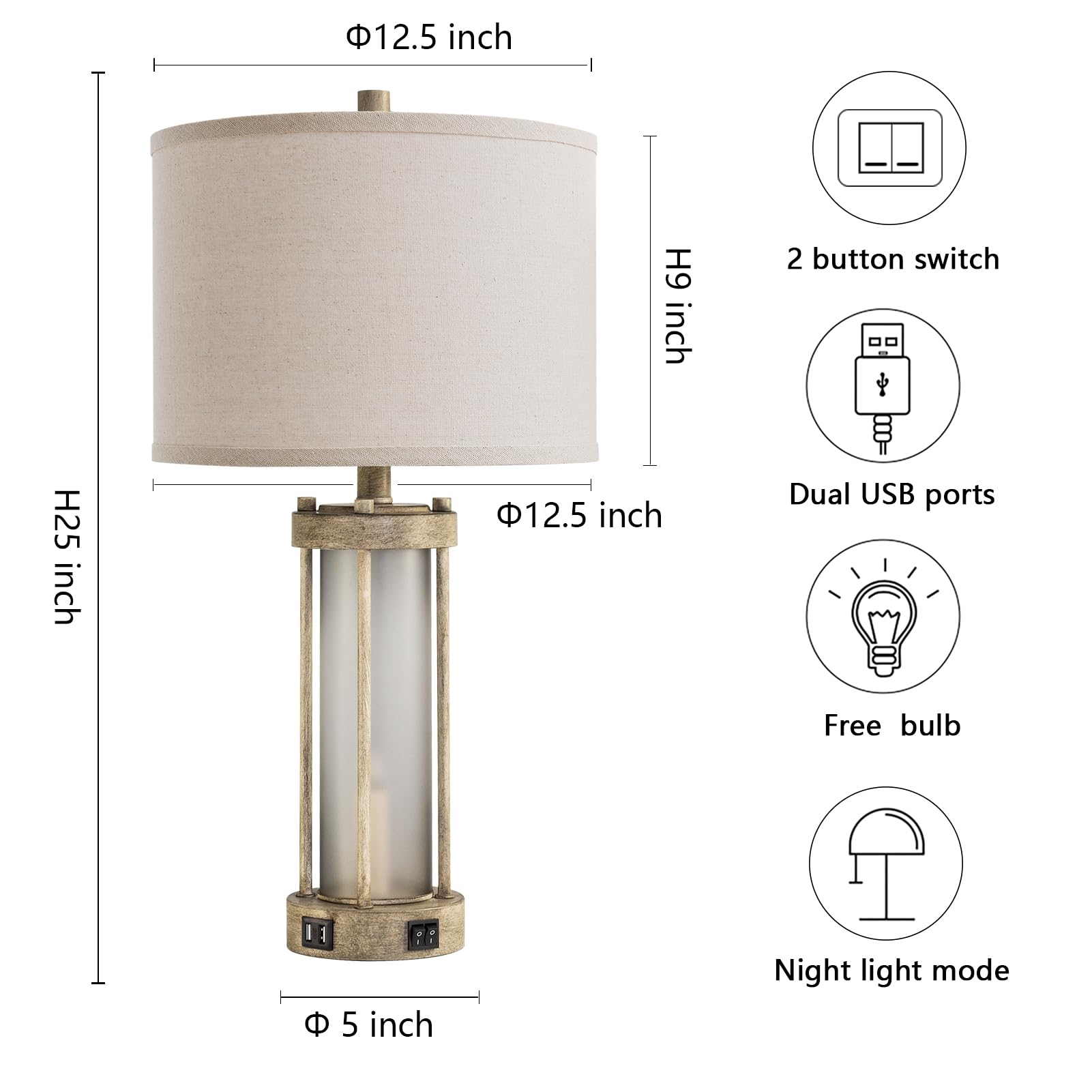 Farmhouse Tischlampen 2er Set für Wohnzimmer, Vintage Schlafzimmer Nachttischlampe mit Dual USB Ports, Nachttischlampe mit Milchglas Nachtlicht für Beistelltisch Eingang, 4 Glühbirnen enthalten