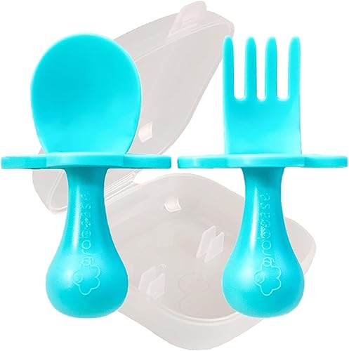 Grabease - Primer juego de utensilios para comer solitos, set de cuchara y tenedor para bebés y niños pequeños Sin BPA. Bolsillo para llevar