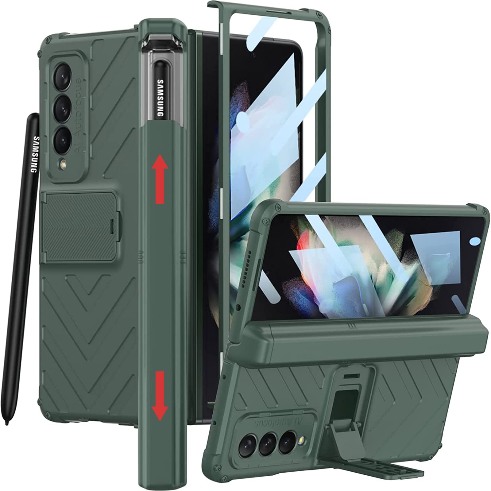 ELEPIK Shield Series Case for Galaxy Z Fold 4 with Built-in Tempered Glass Screen Protector, Closed S Pen Holder [Avoid S Pen Lost], Hinge Protector, Kickstand, Wireless Charging (Green)