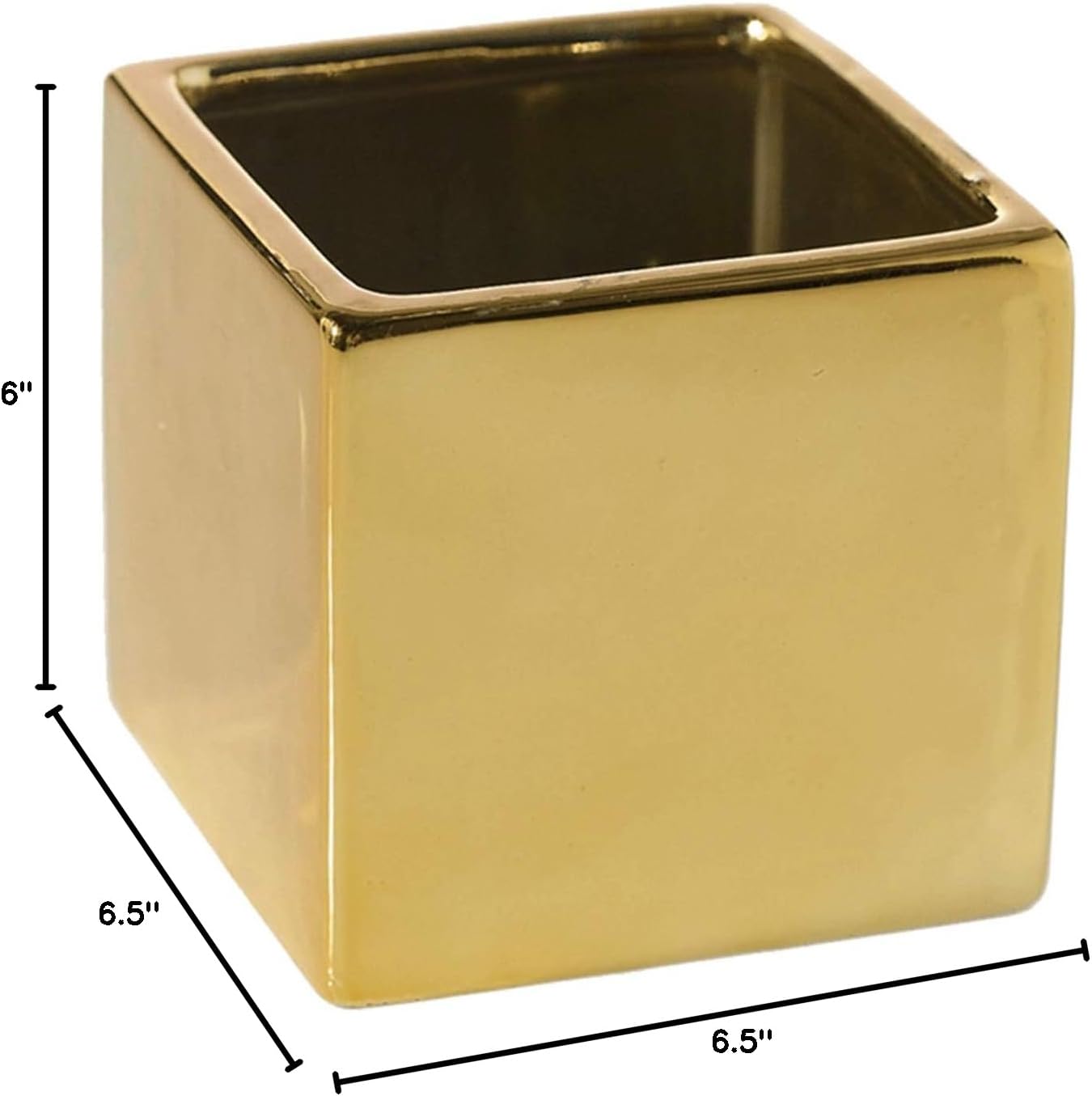 WGV Ceramic Cube Vase Width 6.5" Height 6" (Fits 6" Pot) Elegant Modern Block Square Floral Planter Terrarium Container Table Dresser for Event Accent Home Office Decor Gold 1 Piece