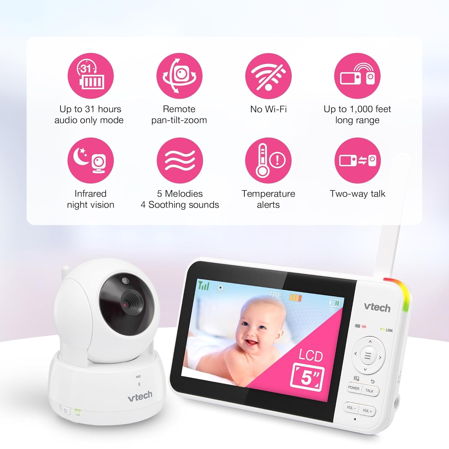 VTech VM924 - Vigilabebés con cámara de vídeo de 5 Pulgadas, 31 Horas de duración de la batería, vigilabebés con cámara, Alcance de 300 m, visión Nocturna HD, Sensor de Temperatura de 2 vías