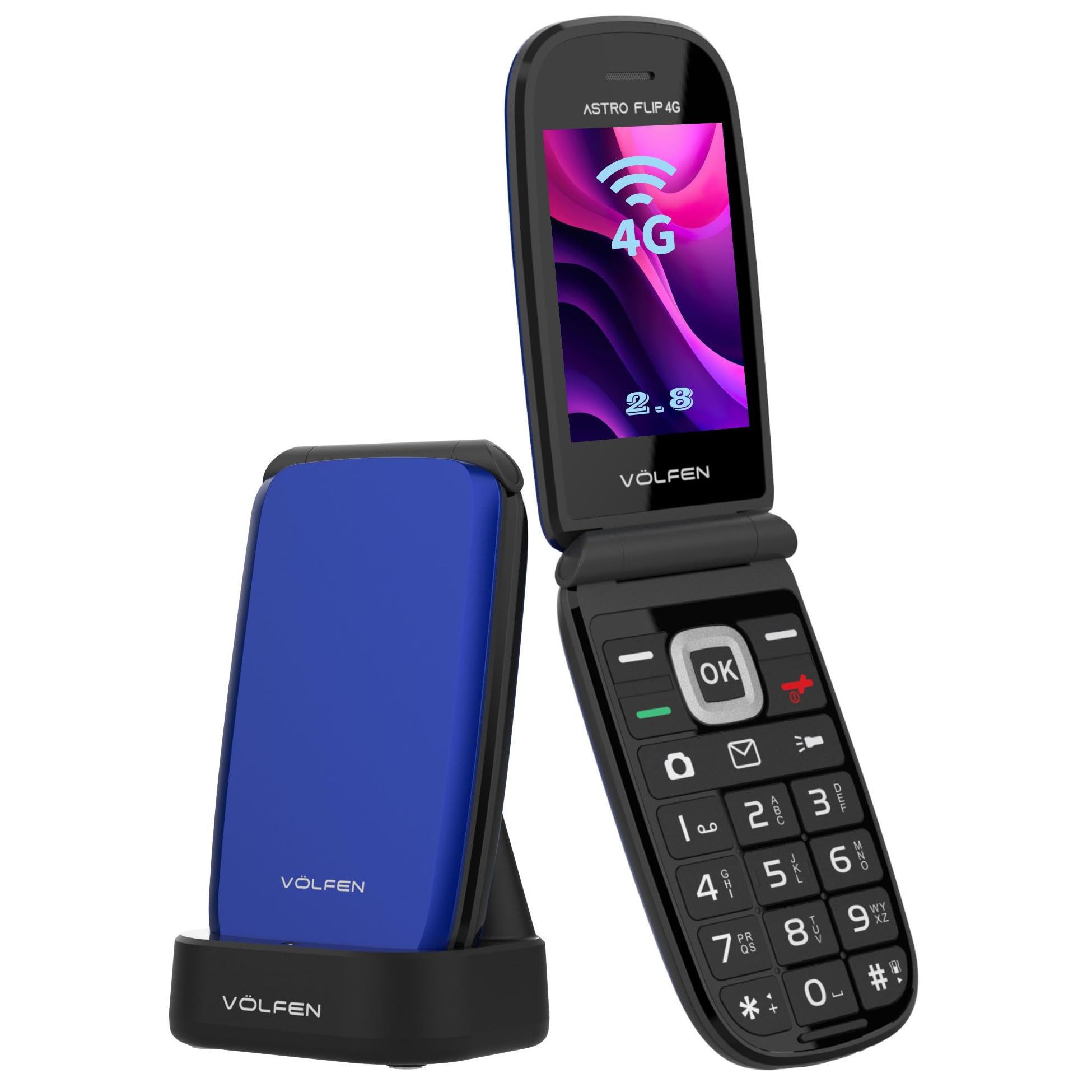 Astro Flip 4G telefon komórkowy dla seniorów z klapką, dużymi przyciskami i wyświetlaczem XXL 2,8 cala, przycisk SOS, łatwa obsługa, stacja ładująca USB-C, podwójna karta SIM (niebieski)
