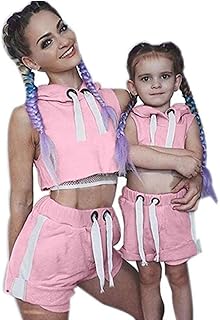 Mutter Tochter Set,Mama und ich Sportbekleidung mit Kapuze ärmellose Ernte Tank Top T-Shirt + Kordelzug Workout Kurze Hose...