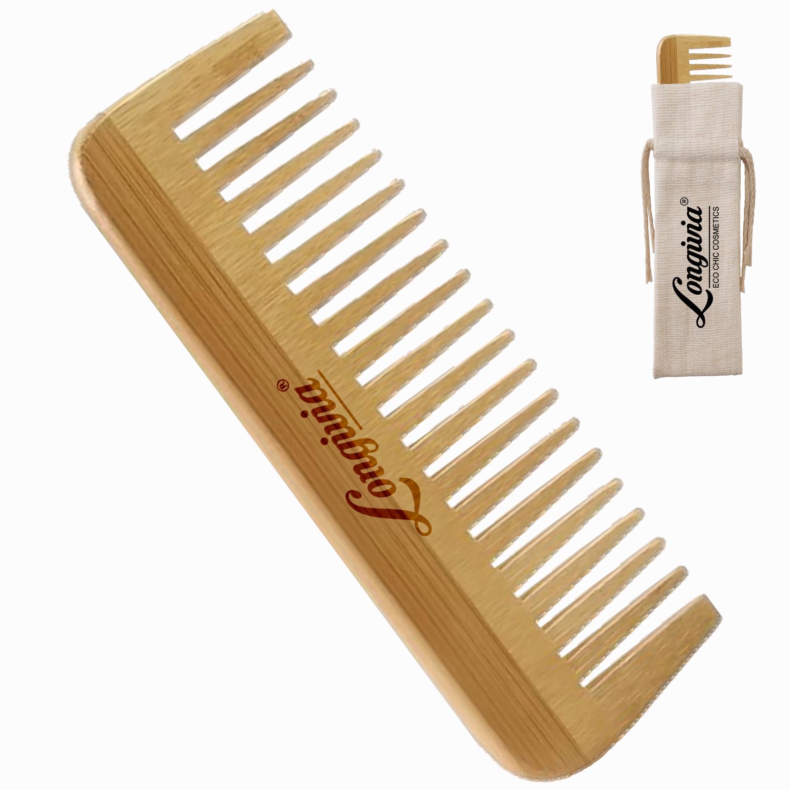 Pettine Denti Larghi in Legno di Bamboo - Pettine Legno Ecologico in Bambù con Pouch Regalo - Pettine per Capelli Ricci o Lunghi Antistatico Stimolante Cuoio Capelluto