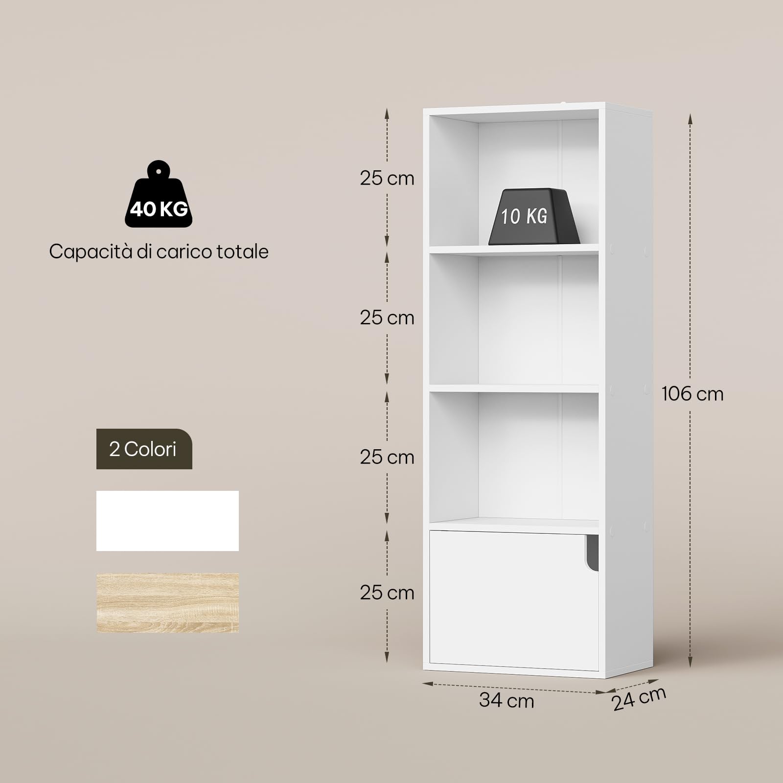 eSituro Libreria 3 Scomparti 1 Armadietto 34x24x106 cm Bianco | Verticale; Truciolare e MDF; Salvaspazio; Studio ufficio; Montaggio facile