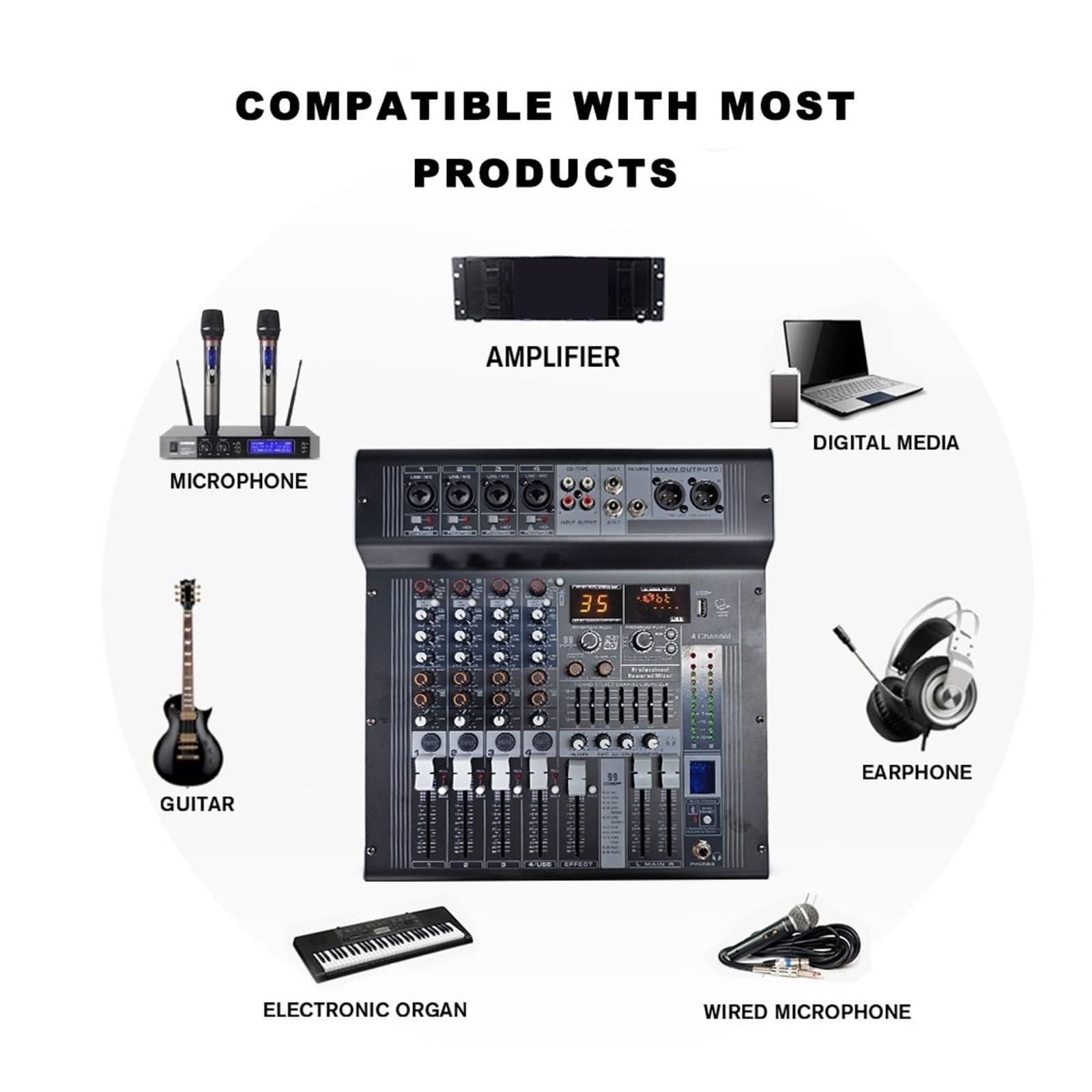 Mixer Audio DJ 4 Canali Con USB, Bluetooth, 99 Effetti For La Registrazione Di Feste Karaoke E La Trasmissione Su Internet