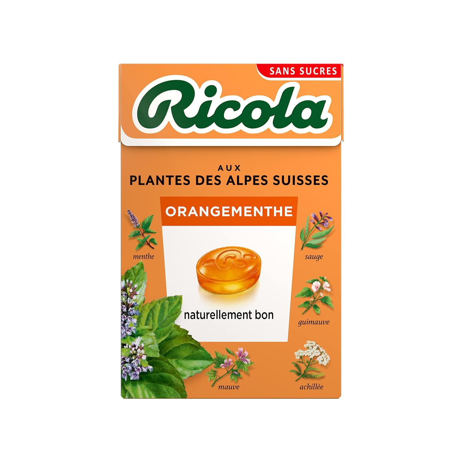 RICOLA - Bonbons aux Plantes Suisses, Parfum OrangeMenthe, Sans Sucres, Boîte de 50g- Carton de 20 Boîtes de 50g