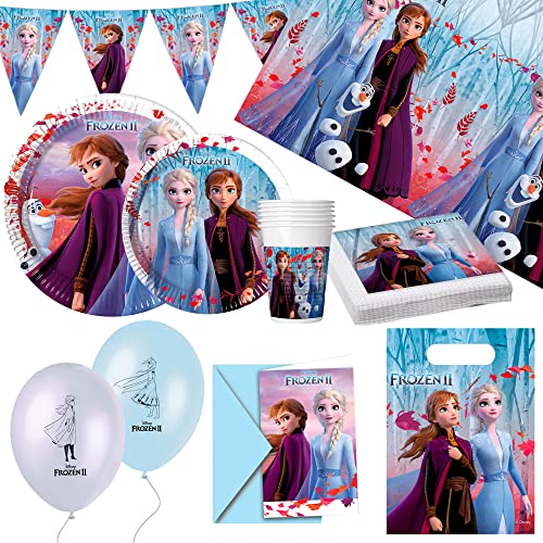 Disney Frozen Pack de festa decoração Frozen, 64 peças (copos, pratos, guardanapos, toalha de mesa, balões, convite), 8 comensais, louça infantil descartável (71996)