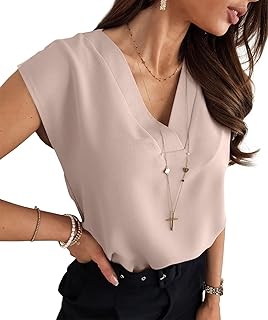 Cicy Bell Blouse Women's Sleeveless V-Neck Tops Summer Elegant Cap Sleeve T Shirts Casual Loose Plain Tops
