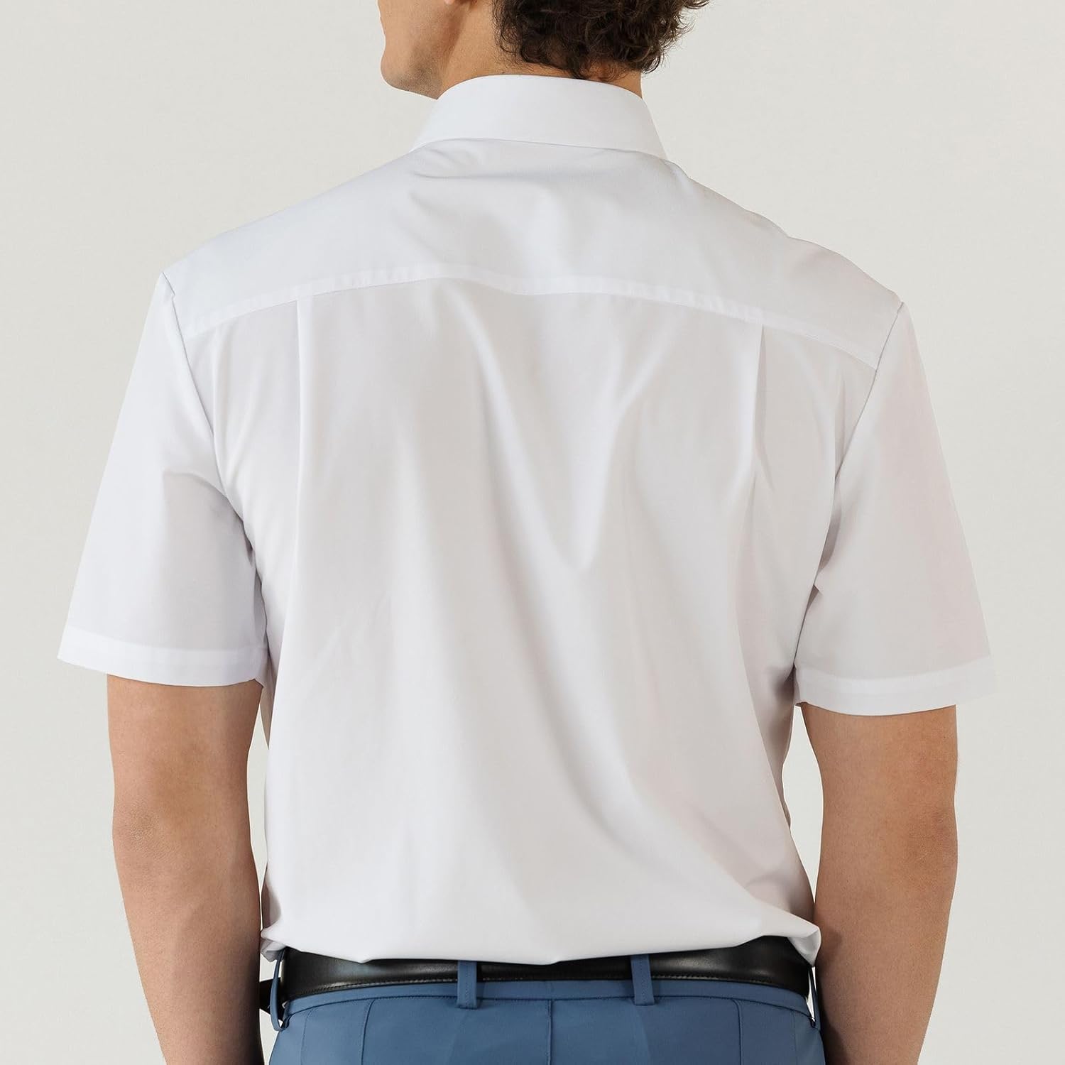 Men’s White Collared Dress Shirt Short Sleeve – Mesh Collar & Underarm Comfort – Stain Repellent