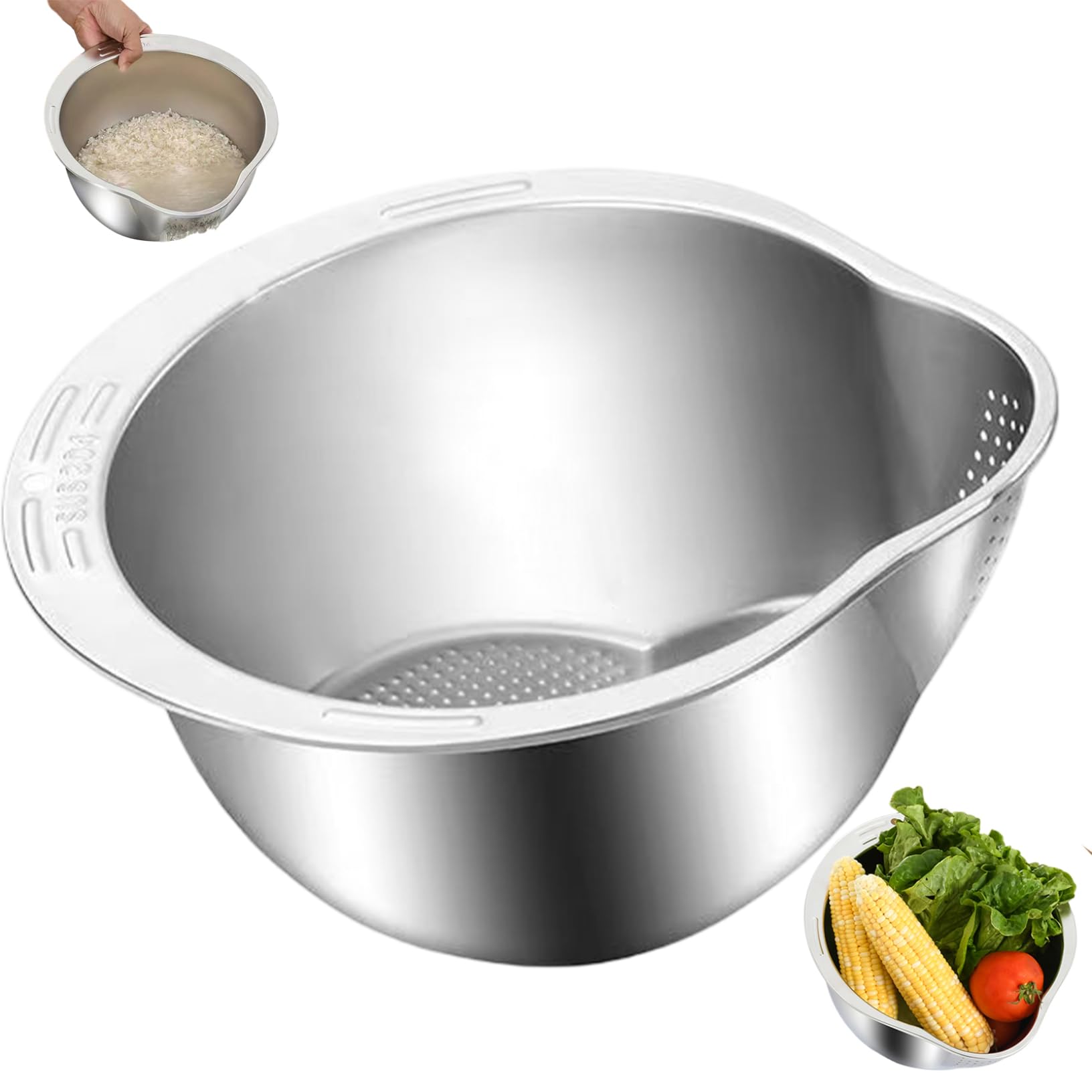 Tsawntd Rice Strainer, 304 Stainless Steel Colander, Multi Functional Rice Washing Bowl Basket with Side Drainers Colander for Fruits Vegetable Kitchen Tools, Colanders
