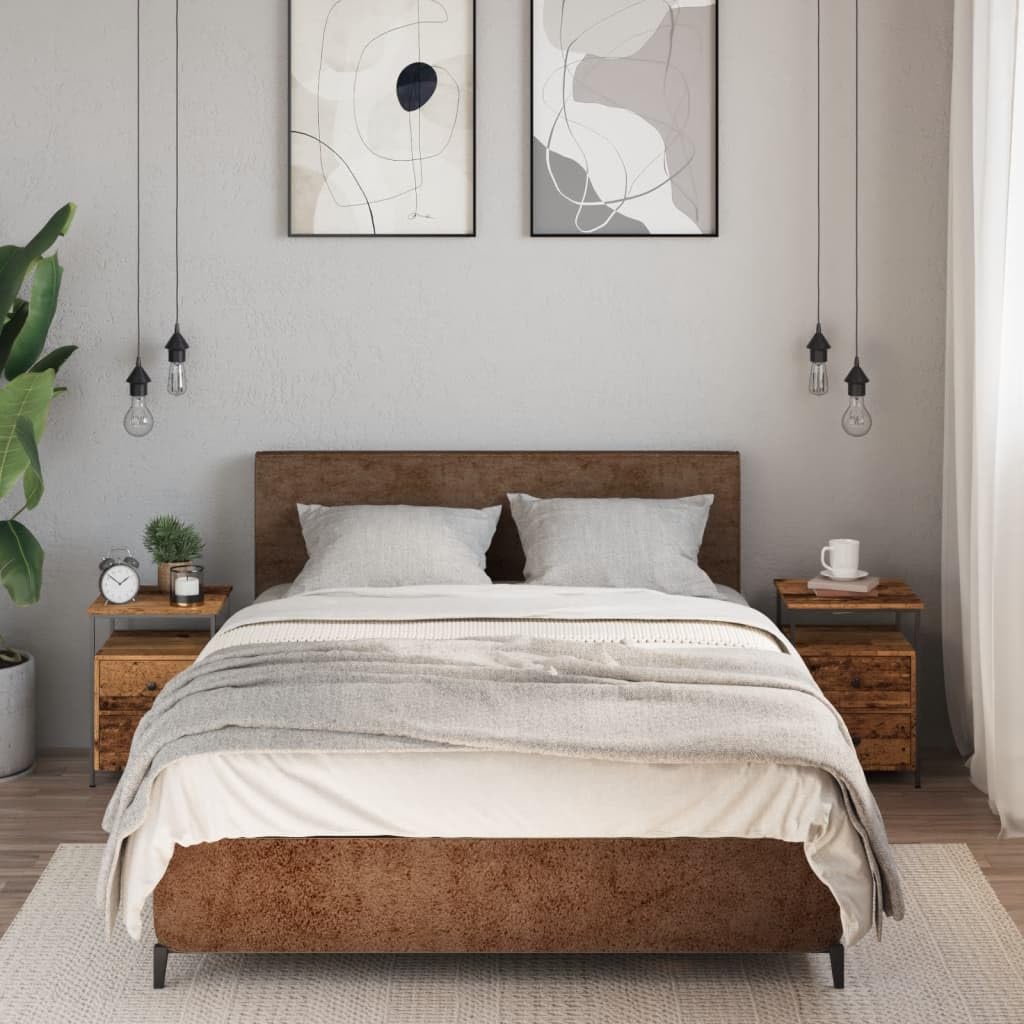Comodini legno antico 2 pezzi 34x35,5x50 cm in legno multistrato con 2 cassetti e scomparto, gambe metallo stabili, mobiletto salvaspazio per camera da letto soggiorno ingresso