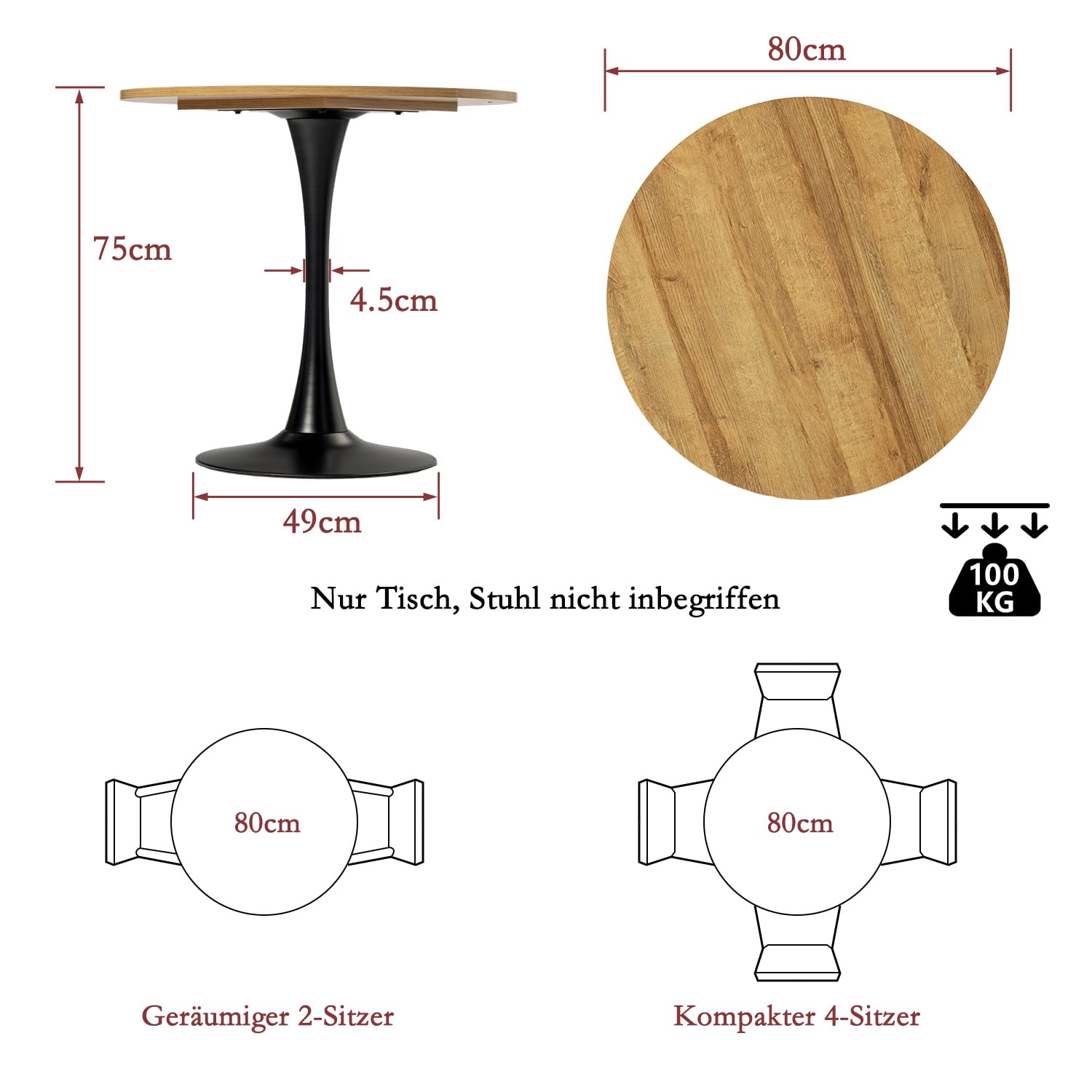 MEUBLE Cosy Runder Esstisch Klein Tisch Küchentisch Esszimmertisch 2-4 Personen für Küche, Wohnzimmer, Büro, 80x80x75cm, Eiche + Schwarz