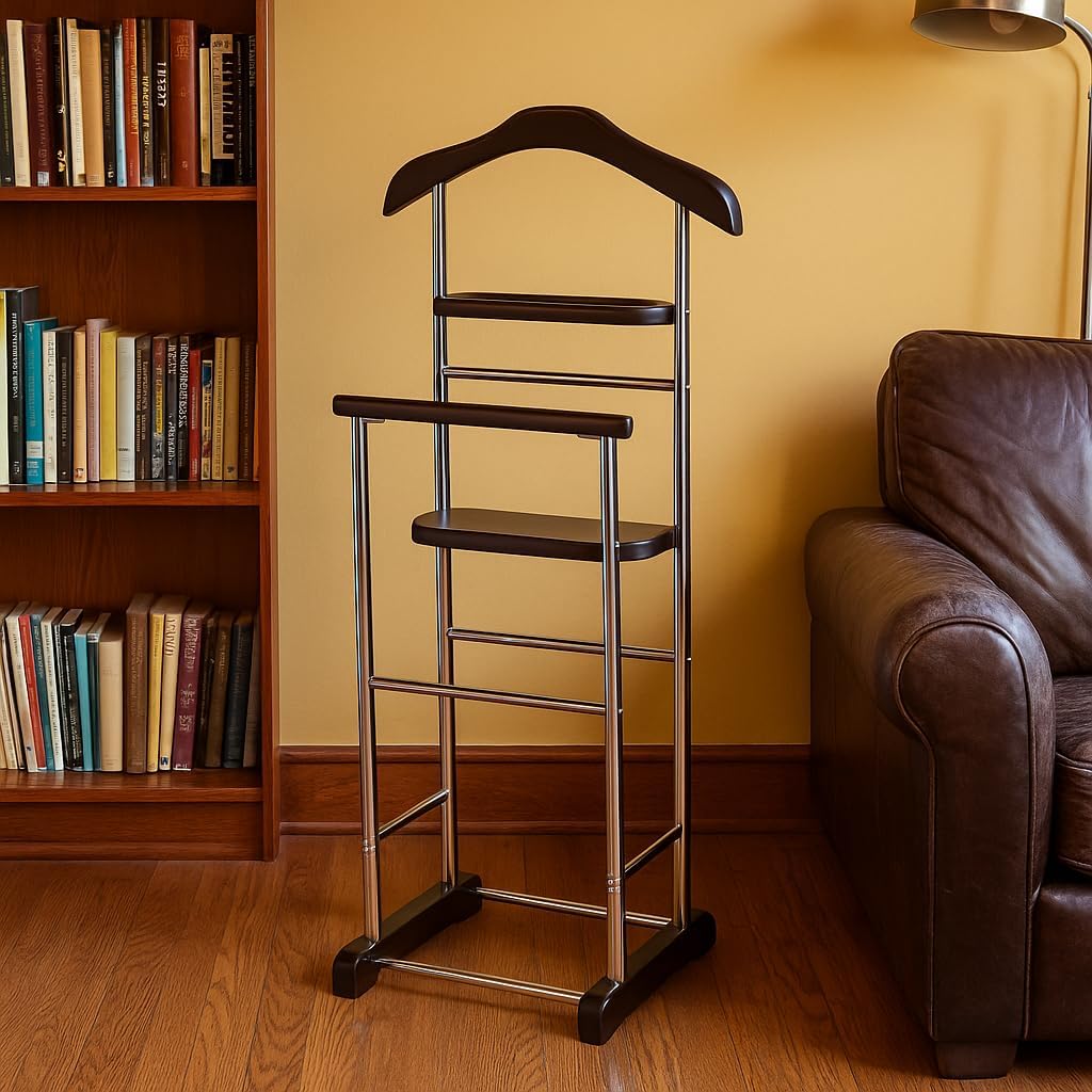 Proman Product Twin Valet with Wooden Hanger Tray & Trouser Bar, Walnut