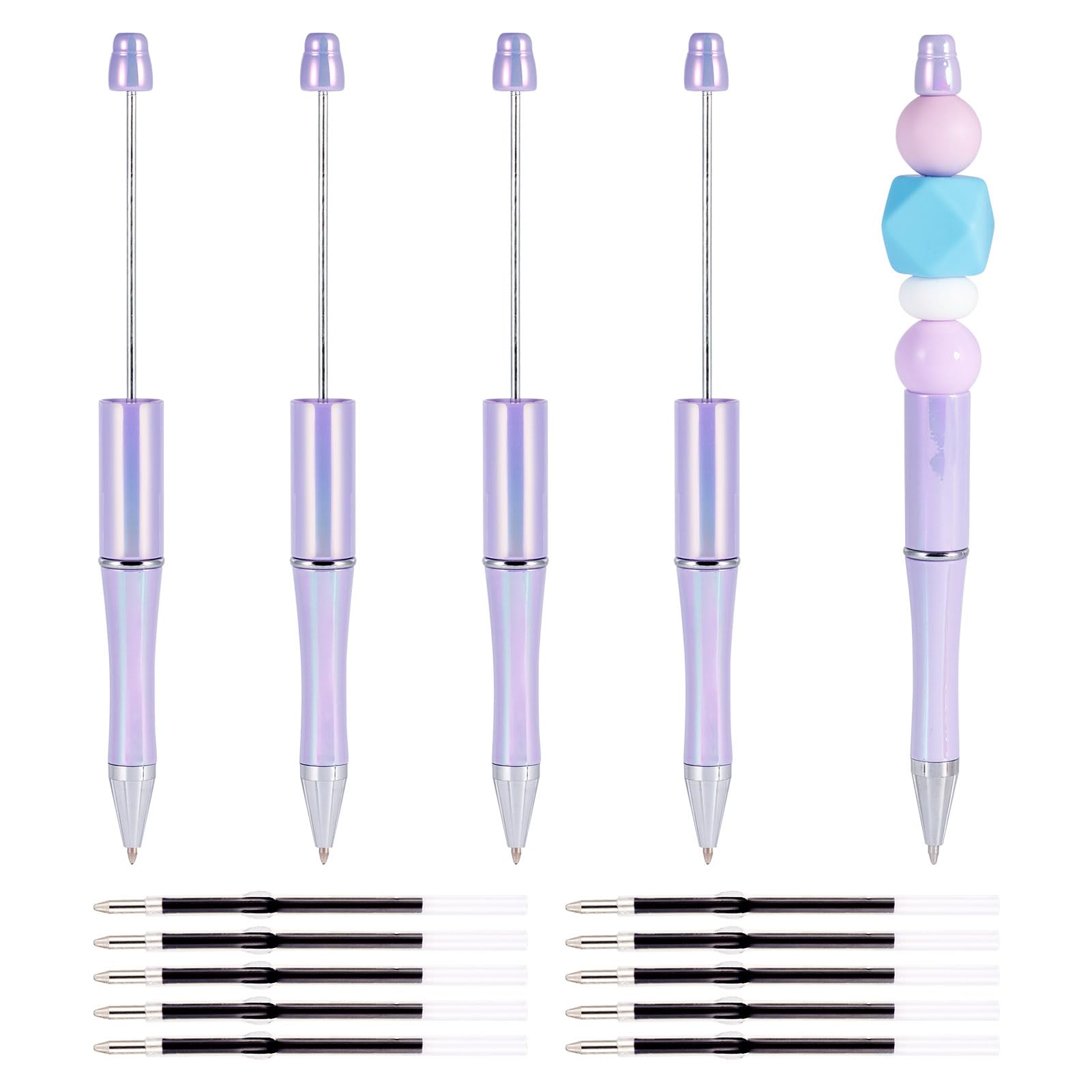 Cheriswelry 5 Pcs Plastic Beadable Pen Black Ink Rollerball Pen with 10 Pcs Extra Refills for Students Office School Supplies Gradient Lilac