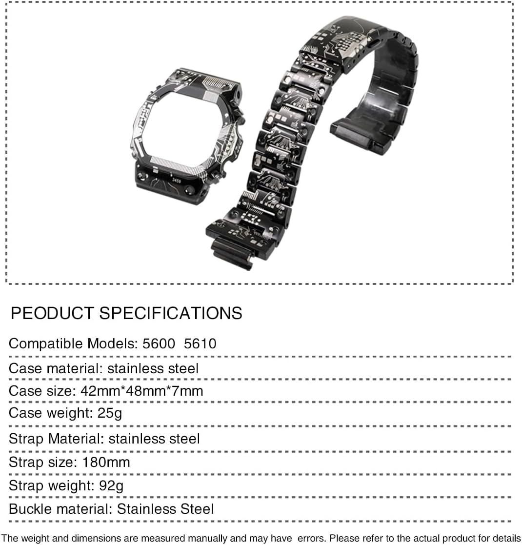 DW-5600 Mod Kit Circuit Board Pattern Stainless Steel Case Solid Metal Strap Bracelet for 5600 Series, 5610 Series, Watch Part Replacement