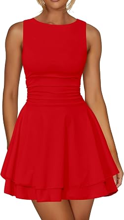Kaximil Womens Ruffle Hem Boat Neck Mini Dress Sleeveless Ruched Corset Short Party Dresses