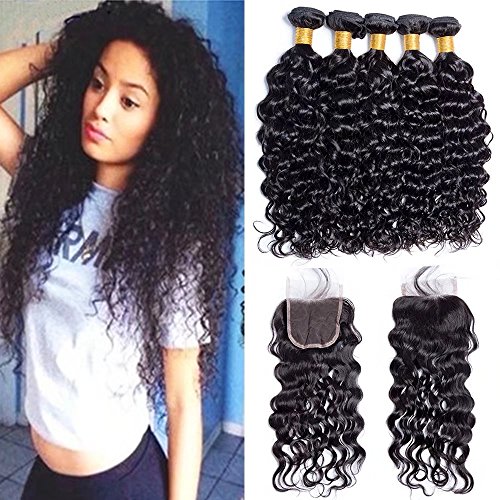 Maxine 9A Malaysian Virgin Hair Bundles with Closure Water Wave 3 Bundles With Free Part Closure Wet And Wavy Virgin Human Hair Weave Natural Black(10 10 10with 10)