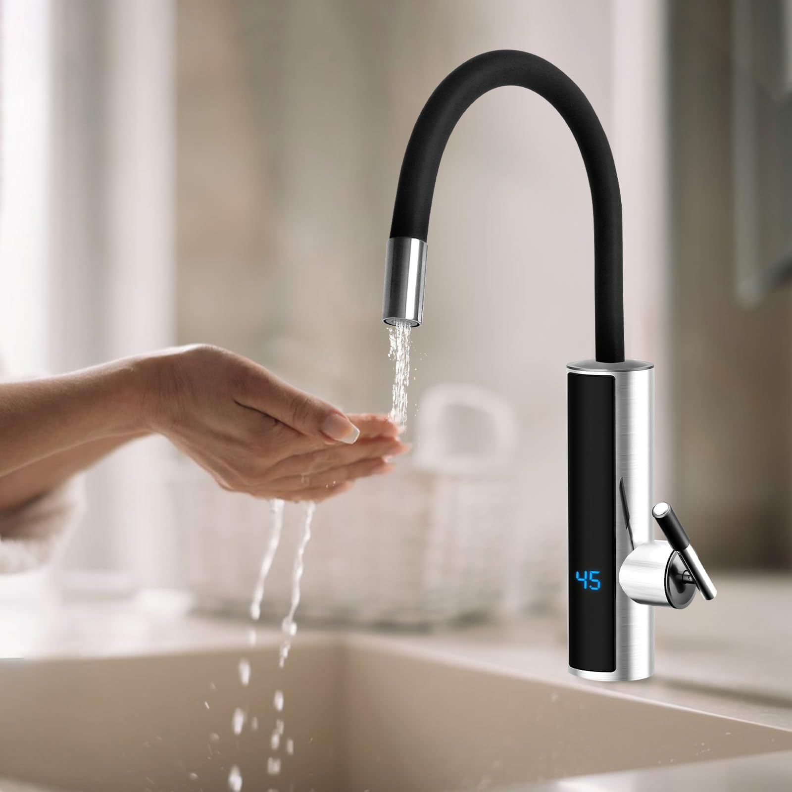 Robinet de chauffe-eau instantané sans réservoir 3000 W 220 V Robinet d'eau chaude électrique pour salle de bain 3 secondes avec affichage numérique de la température (noir)