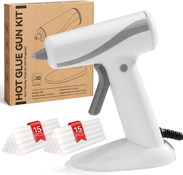 Krightlink Hot Glue Gun Kit with 30 Glue Sticks, Fast Preheating Hot Melt, 20w Precision Nozzle High Temp for School Crafts DIY Arts and Home Repairs (White Glue Gun)
