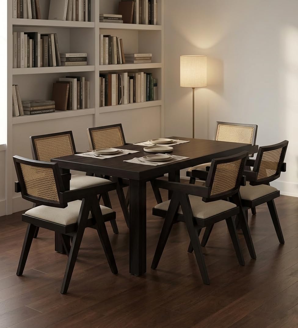 Dining Table Set of 6, Wood 6 Seater Dining Table with Chair | Wooden Dining Table 6 Seater for Living Room || Folding Dining Table || Dining Room Furniture || Cane Chairs for Balcony Honey Finish-image-43