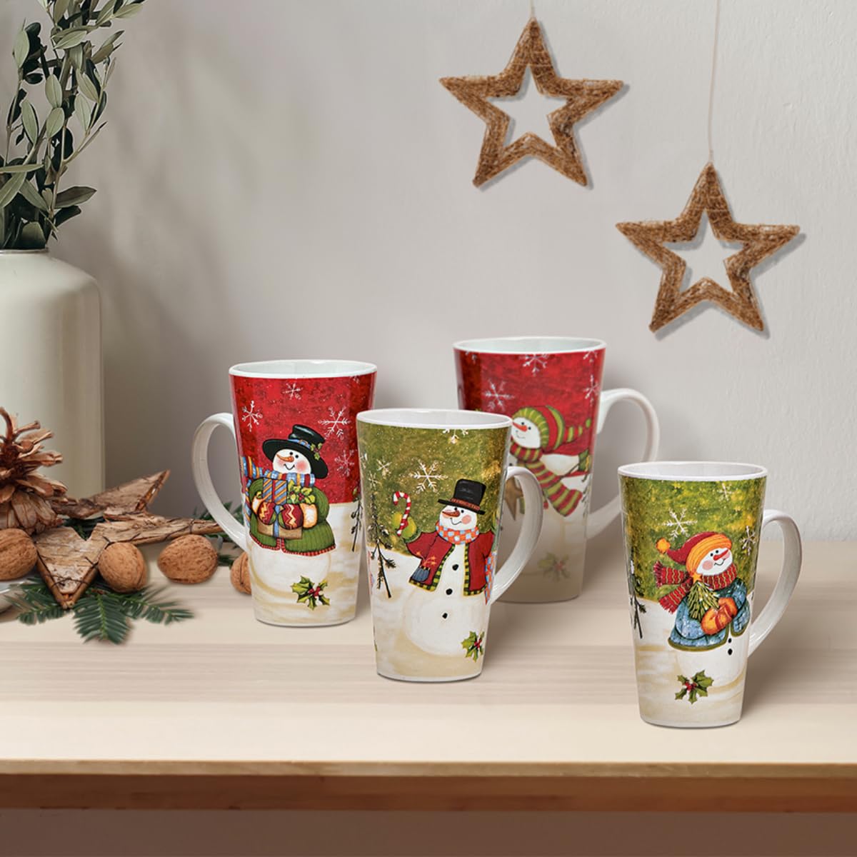 Jumbotassen 4er Set Xmas Schneemänner in rot grün- Große Keramik Kaffeebecher als Weihnachtstassen in 500ml