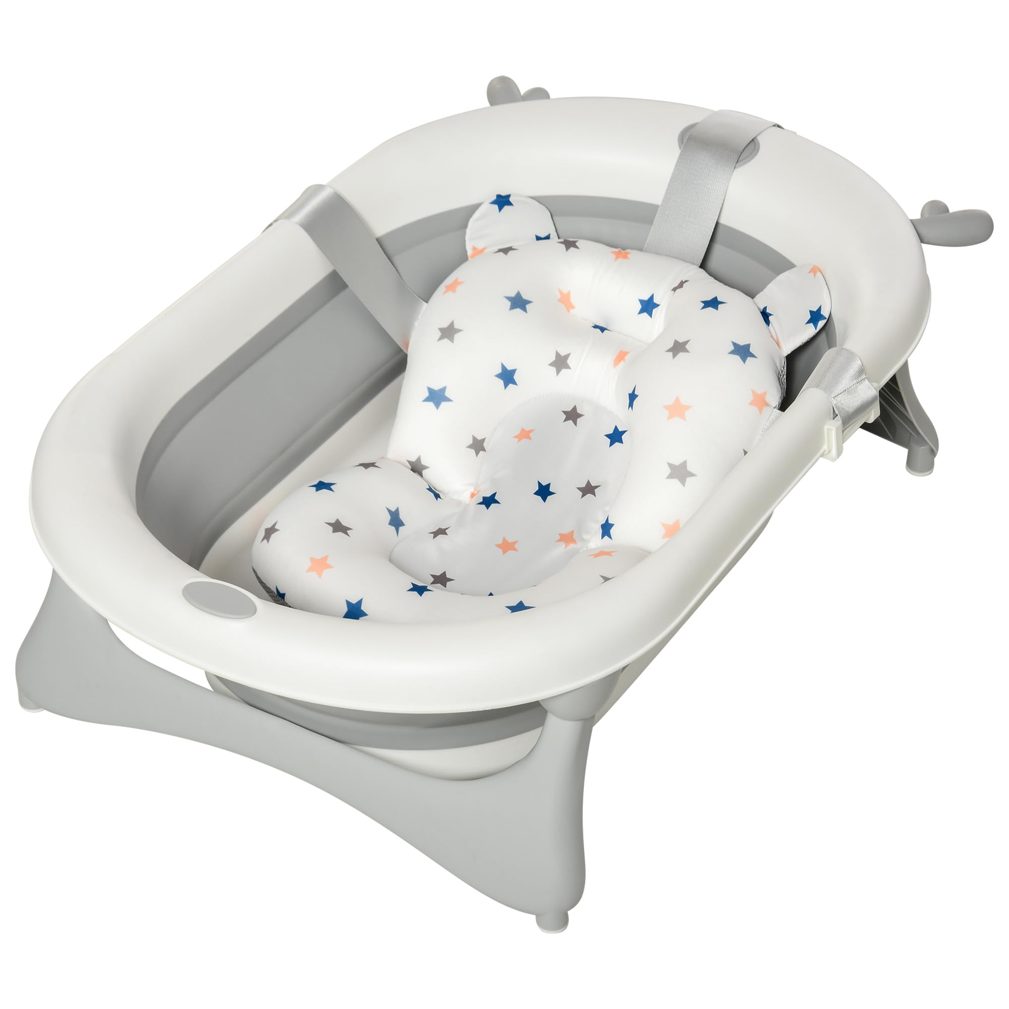 HOMCOM Foldable Baby Bathtub Set Non-Slip Support for Newborn Grey | Collapsible Bath Tub, Thermostatic Water Plug, Cushion Pad, Drain Plugs, Newborn to 3 Years