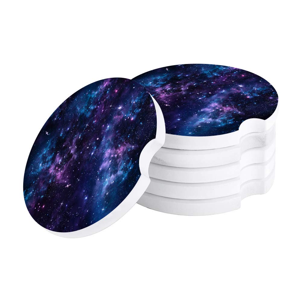Absorbent Ceramic Car Coasters Purple Galaxy Car Accessories Nebula Space Starry Sky Drink Coaster Cup Holders with A Finger Notch for Easy Removal of Auto Cupholder Set of 2 Pack Blue Purple