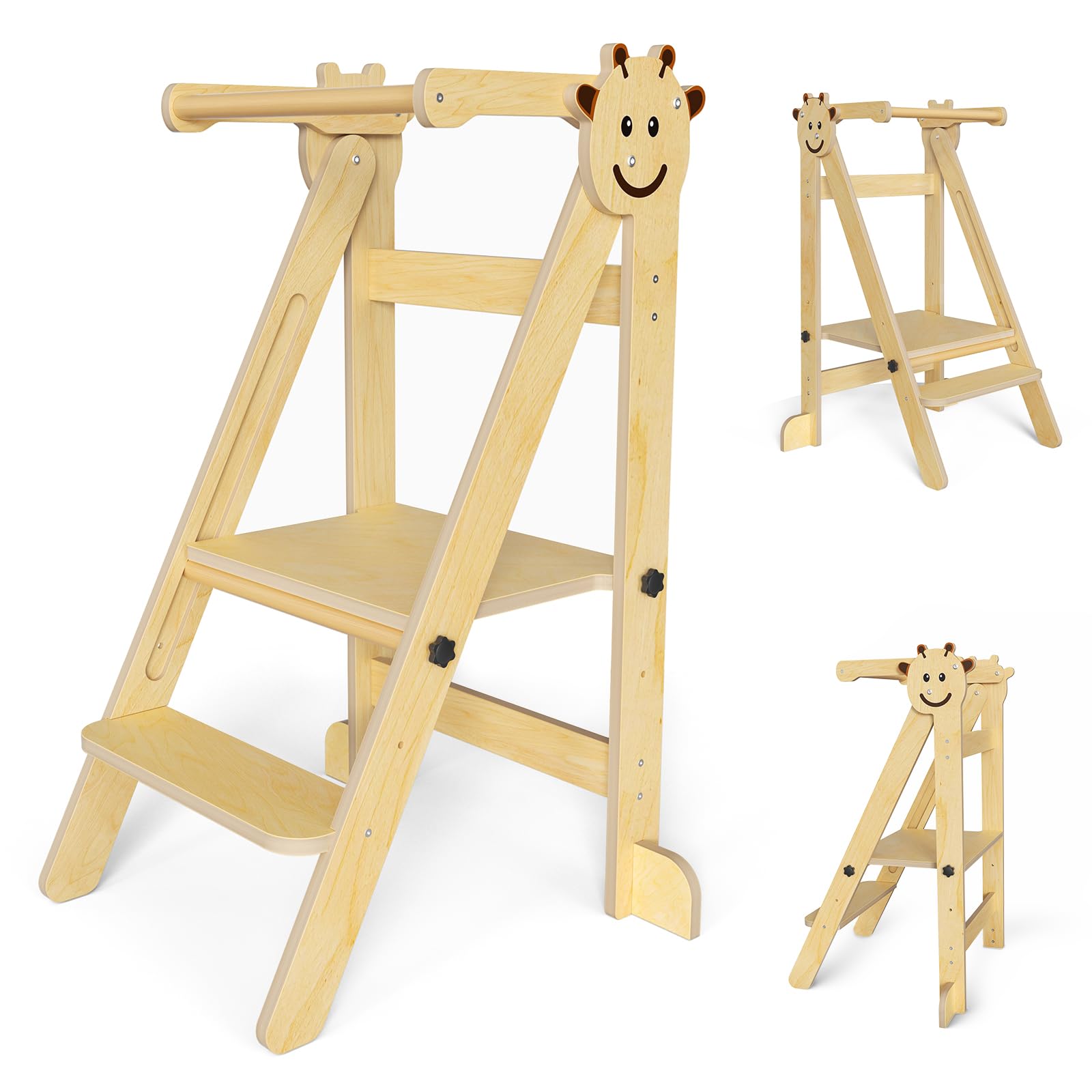 Montessori - Torre di apprendimento per bambini, regolabile in altezza, in legno, sgabello pieghevole per bambini, con barra di sicurezza e design robusto