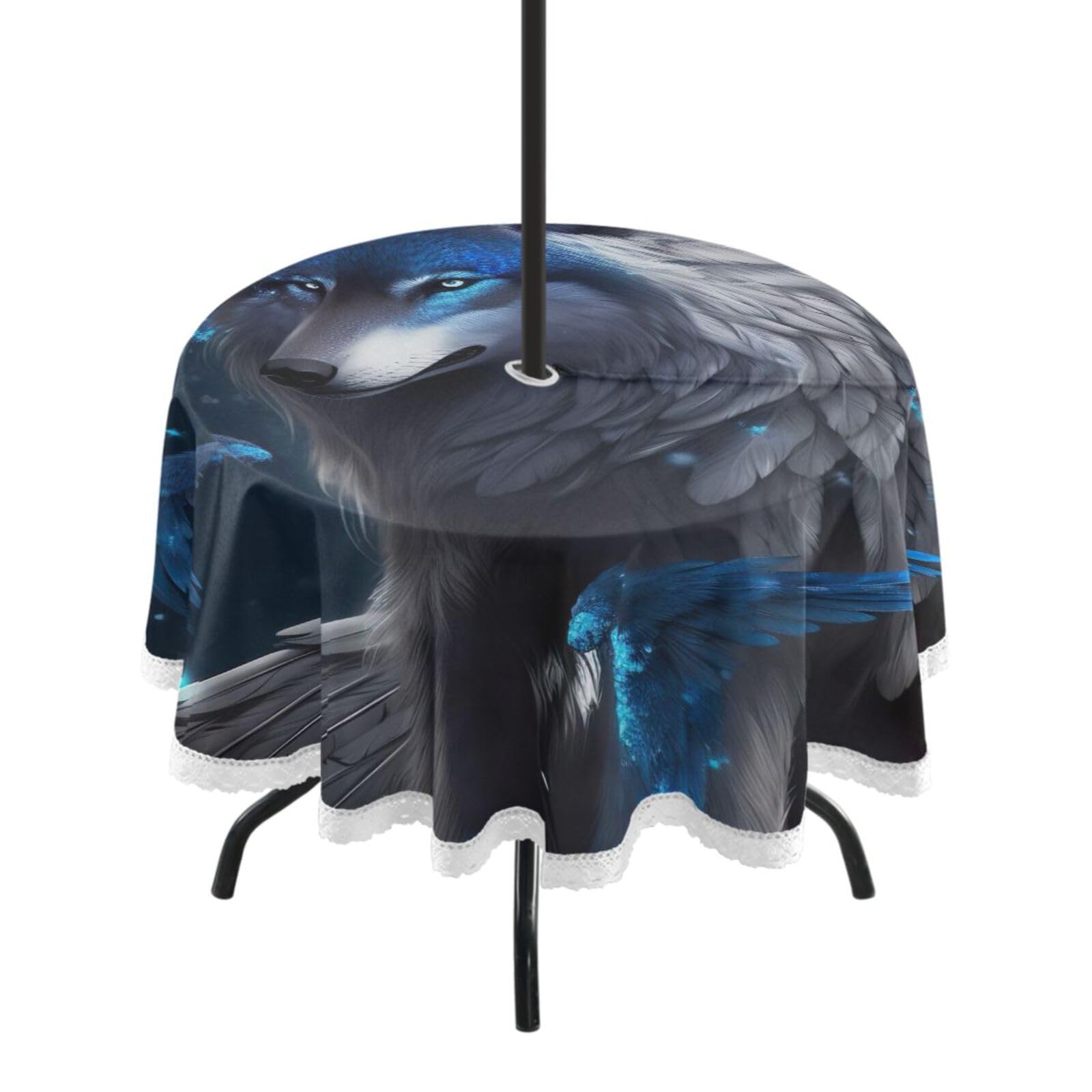 Wajiw 60 Inch Indoor Outdoor Round Tablecloth with Umbrella Hole and Zipper Waterproof Patio Table Cover for Camping Dining Room Party Outdoor Picnic,Wolf