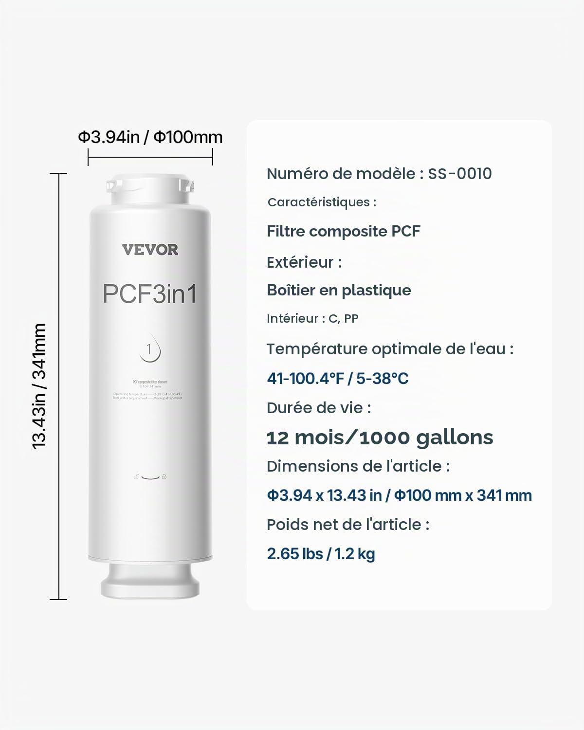VEVOR Système d'osmose inverse, 5 couches, remplacement filtre à eau par osmose inverse, réduit chlore et odeurs, filtre composite PCF, pour système filtration d'eau sous évier SS-001, SS-003, SS-005