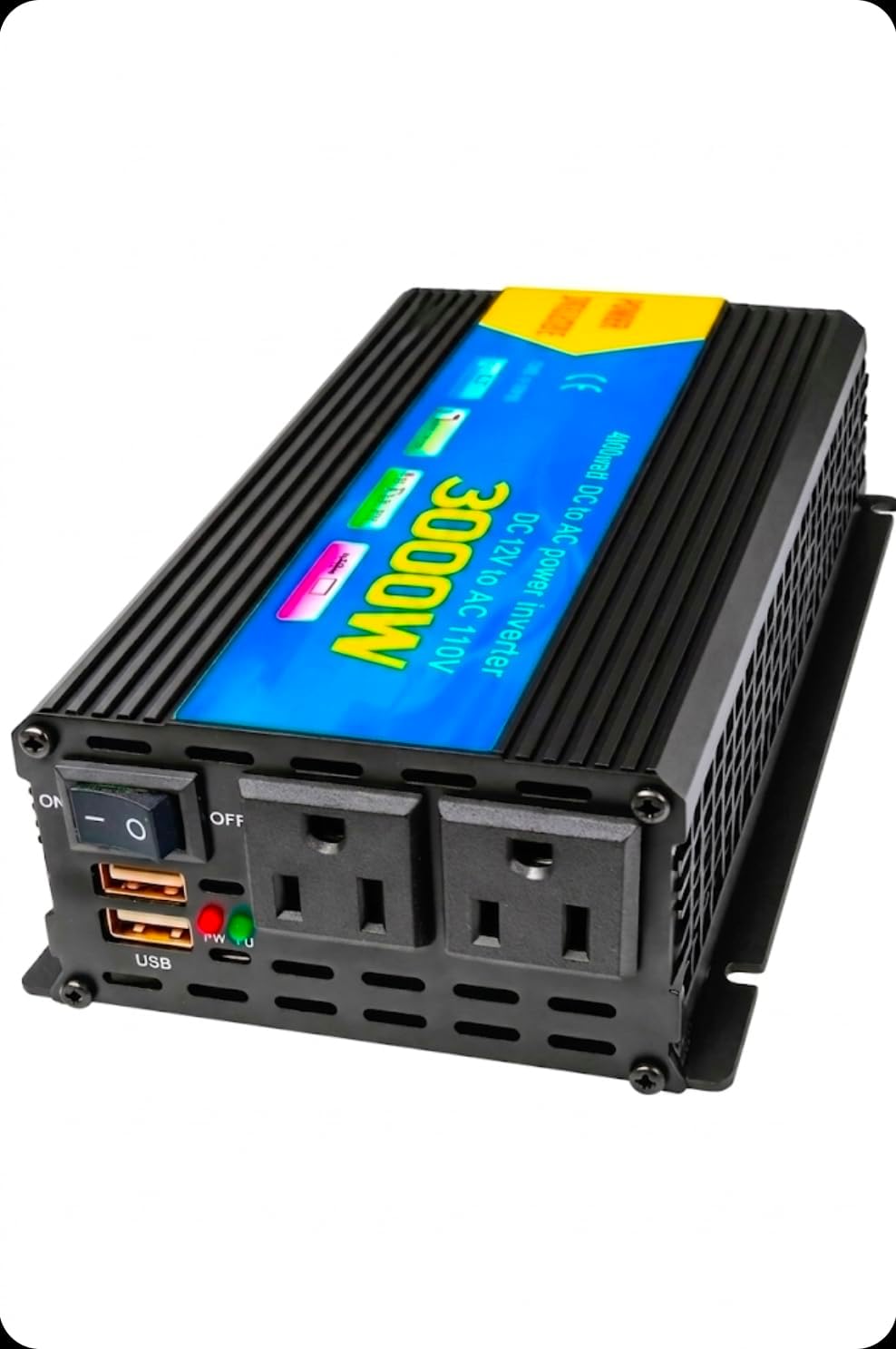 2000W DC to AC High-Power Inverter – 12V to 110V/120V Converter with Dual USB Ports, Dual AC Outlets, Cigarette Lighter Adapter, Battery Cable for Cars, Trucks, RVs, Camping,Home Backup (Black, 2000W)