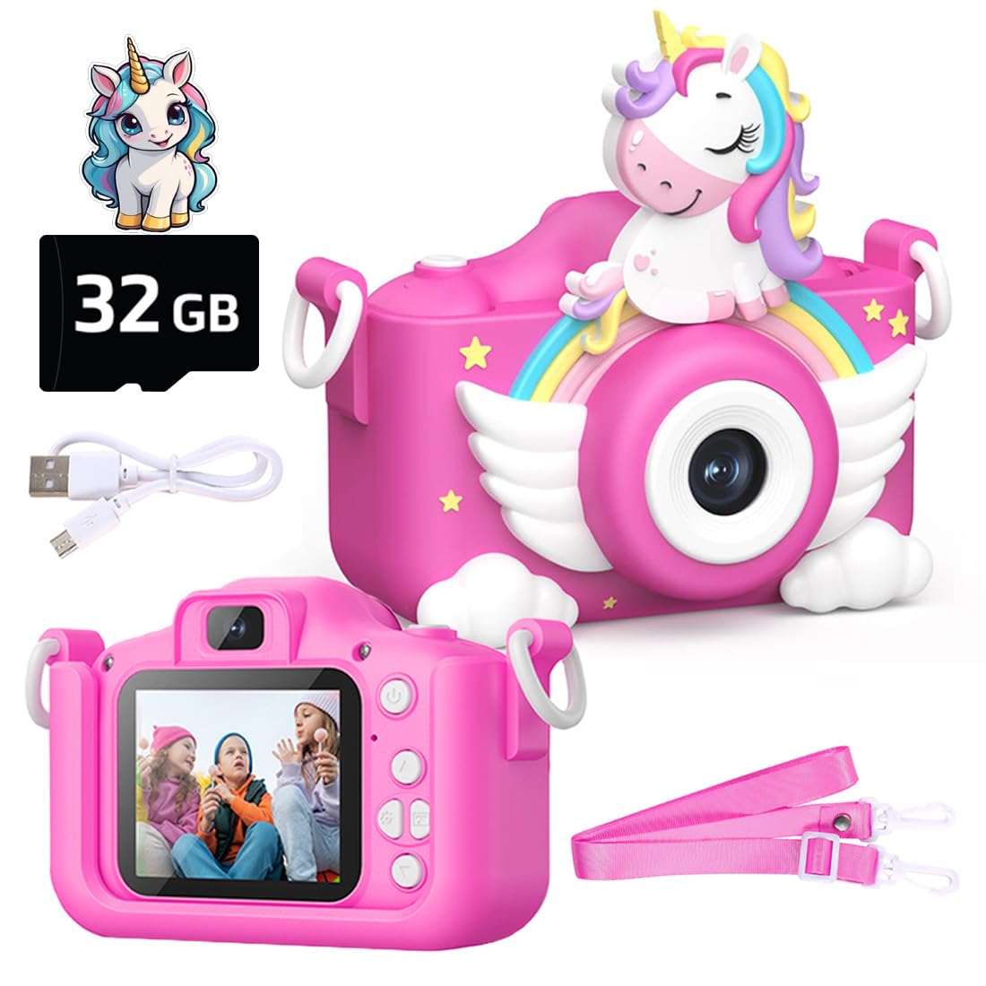 Wembley Kids Camera 3+ Year Old Girl Gift 32GB SD Card 1080P HD Video Adorable Selfie Unicorn Digital Toddler Camera for Kids Toys Boys Birthday Gift