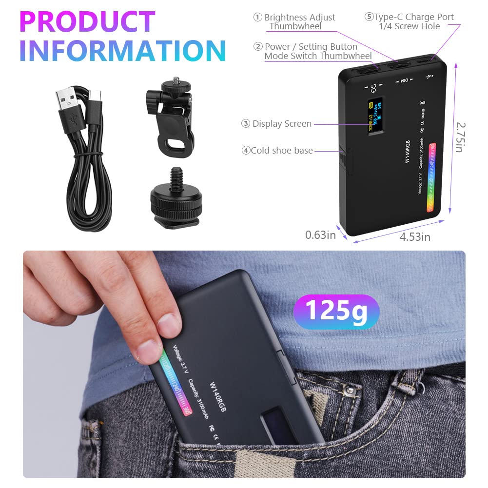 AXFEE Luce video, W140 RGB CRI95+ 2500K-9000K Dimmerabile Luce LED Fotografica, Pannello Luce LED, Ricaricabile USB con Batteria da 3100 mAh per Tiktok/Foto di Prodotti/videocamere DSLR, Fotografia