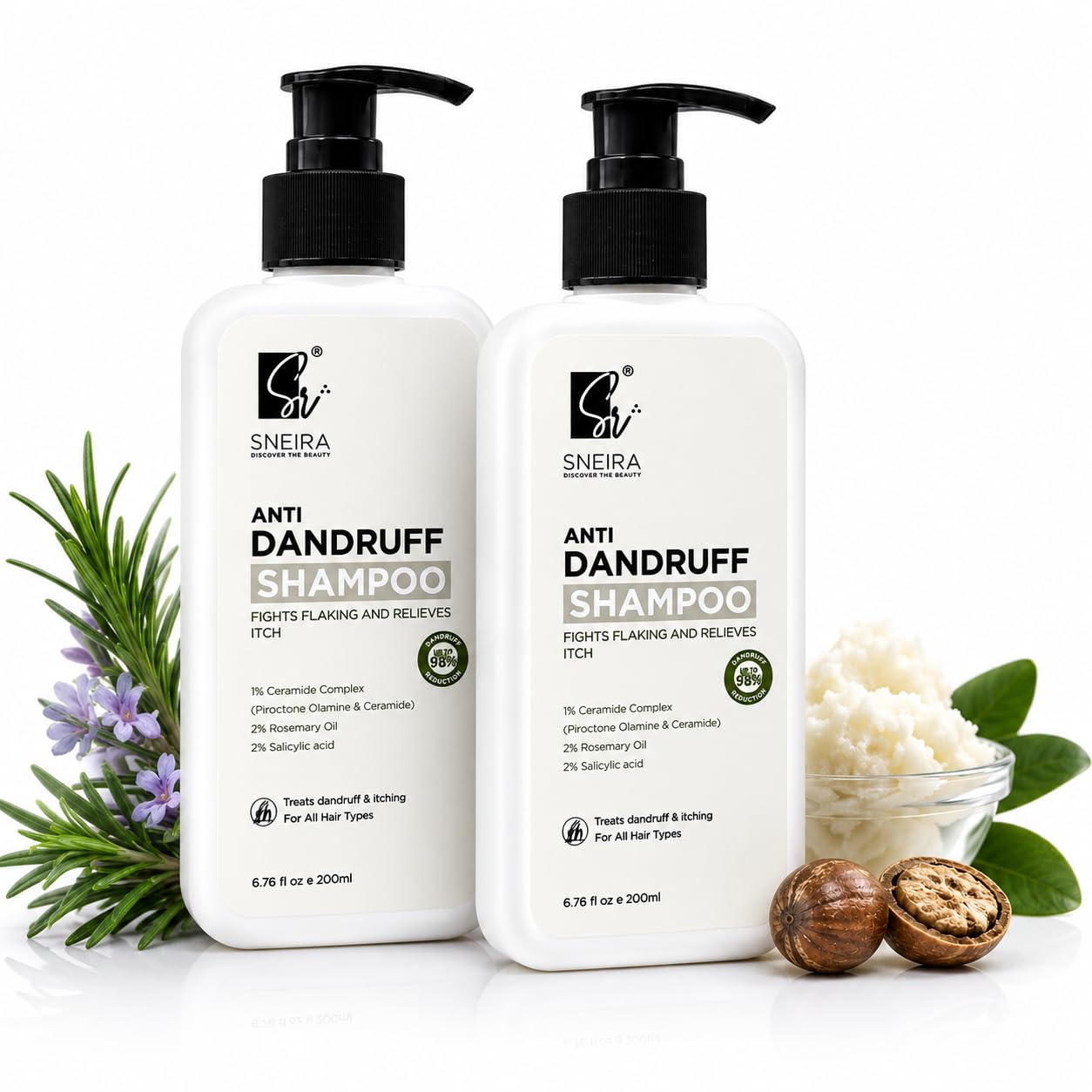 SNEIRA Anti-Dandruff Shampoo 400 ml, 2% Rosemary Oil, 2% Salicylic Acid, 1% Ceramide Complex (Piroctone Olamine) Reduces Upto 98% Dandruff Helps With Itching For All Hair Type, Paraben-Sulphate Free